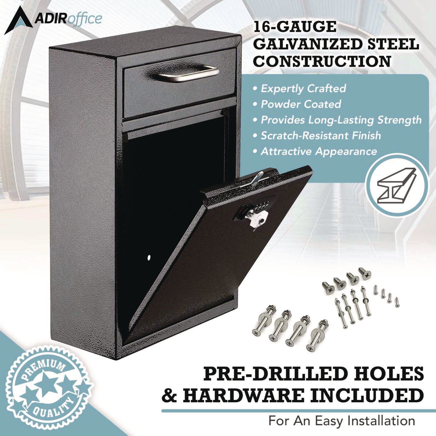 AdirOffice Large Secure Drop Box - Wall Mounted Locking Mailbox with Key & Combination Lock (11.2 x 4.7 x 16.2 Inches, Black) - Perfect for Home, Office, Apartment & Commercial Package Delivery Security