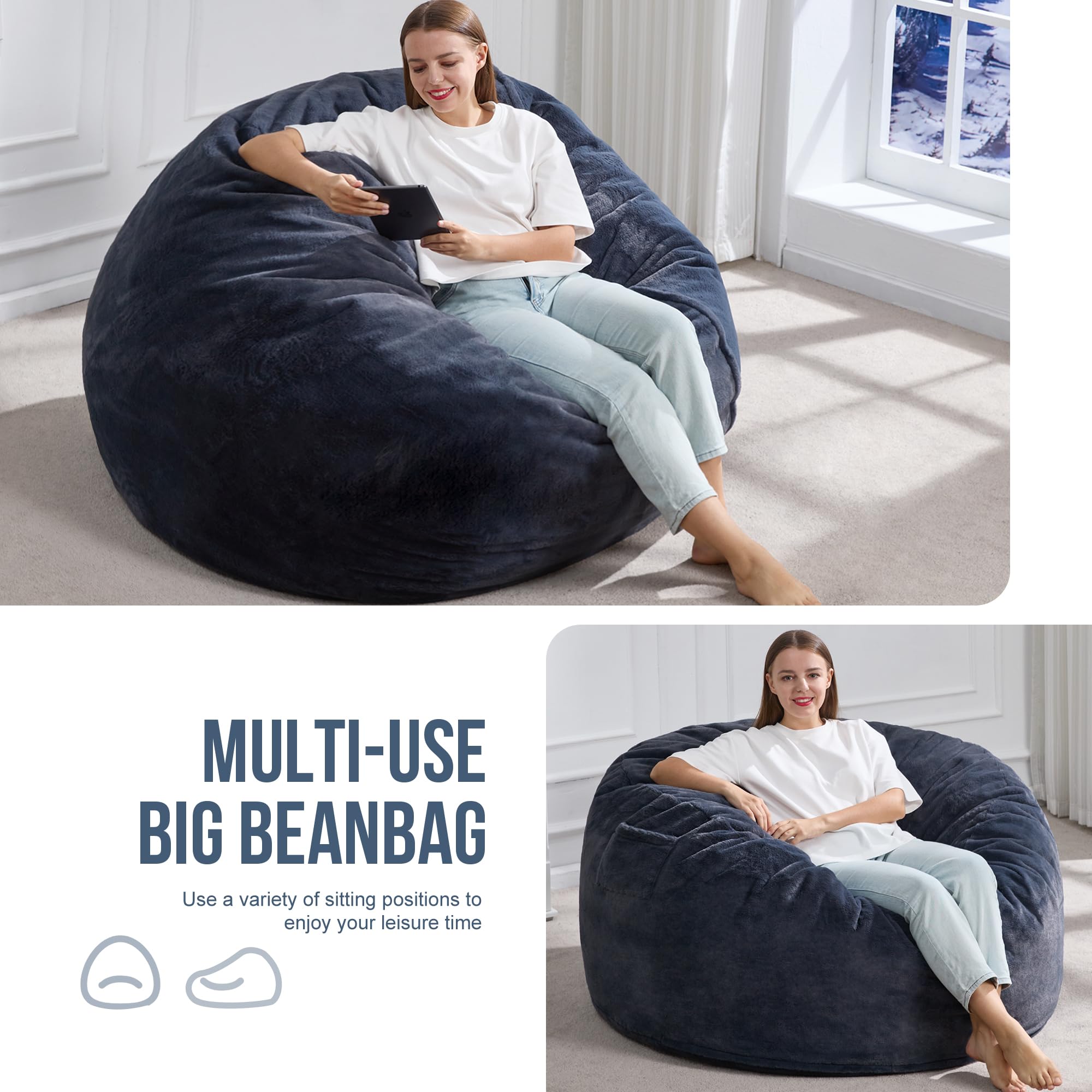 Hobestluk 5ft Large Bean Bag Chair for Adults - Plush Faux Fur Cover, Oversized Beanbag Chair for Living Room, Bedroom, Dorm & Office - Dark Grey (50”x50”x24”) - Perfect for Lounging, Gaming & Relaxation