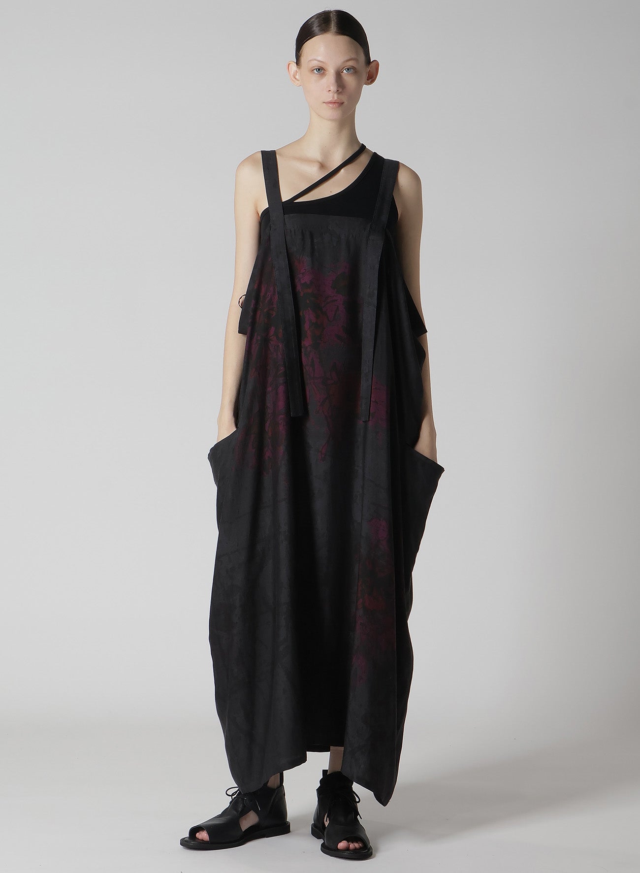 Cupro Dungaree Twill Floral & Asphalt Print Shoulder Strap Dress - Stylish Casual Wear for Women, Perfect for Summer Outings, Dates, and Office Attire