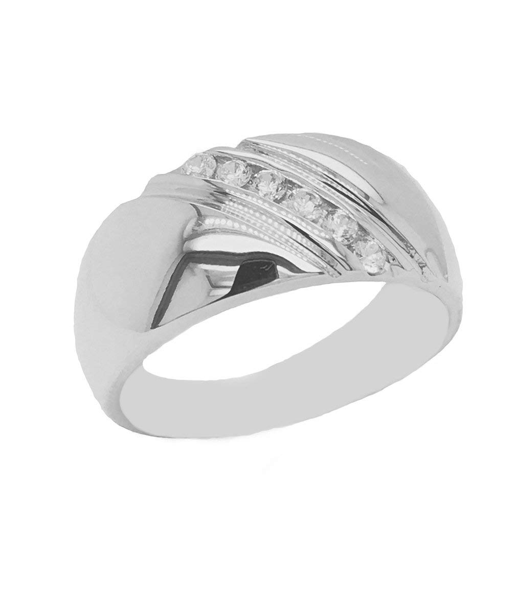 Solid Sterling Silver 6-Stone Cubic Zirconia Wedding Band for Men - Luxury CZ Engagement Ring for Dad or Husband - Fine Silver Jewelry Gift for Him (Made in USA) - Perfect for Anniversaries, Proposals & Special Occasions
