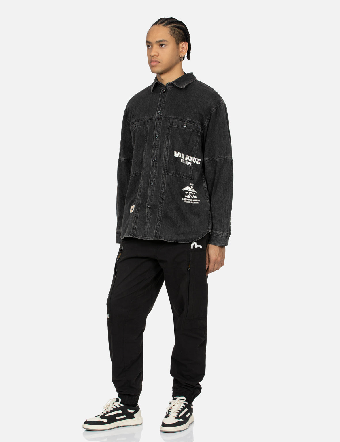 Stylish Kamon Print & Logo Embroidery Loose Fit Denim Shirt for Men - Casual Wear, Street Fashion, and Layering Outfits