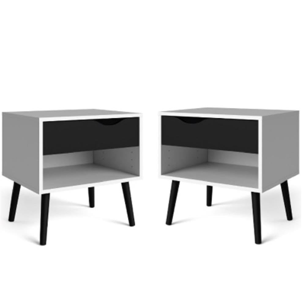 Retro Nightstand Set of 2 with Drawer - White & Black Matte Finish Bedside Tables for Bedroom, Living Room, or Office Storage