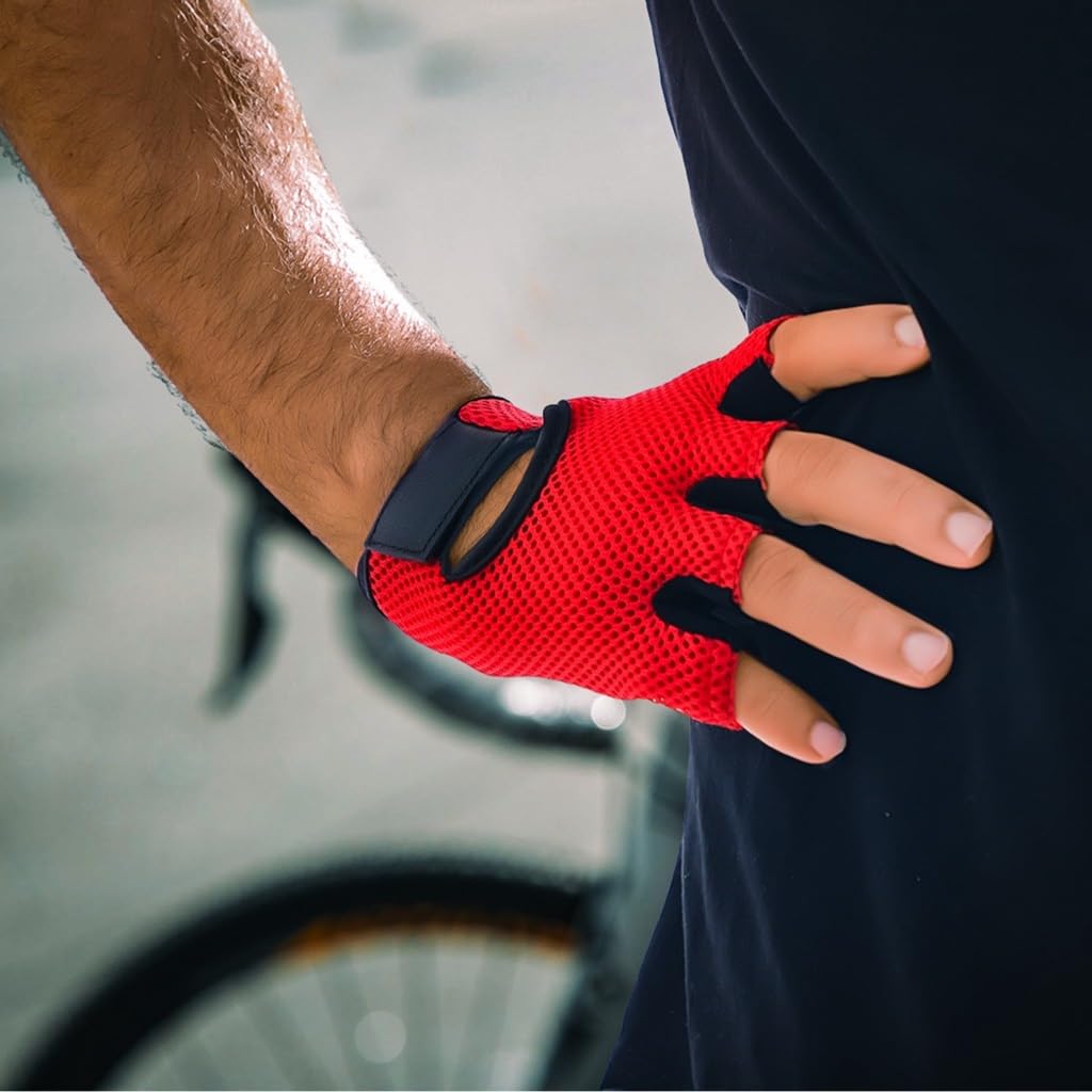 Prime Sports Leather & Mesh Fingerless Weight Lifting Gloves for Gym, Workout & Wheelchair Use - Black/Red (WLG-021) | Ideal for Cross Training, Powerlifting & Mobility Support