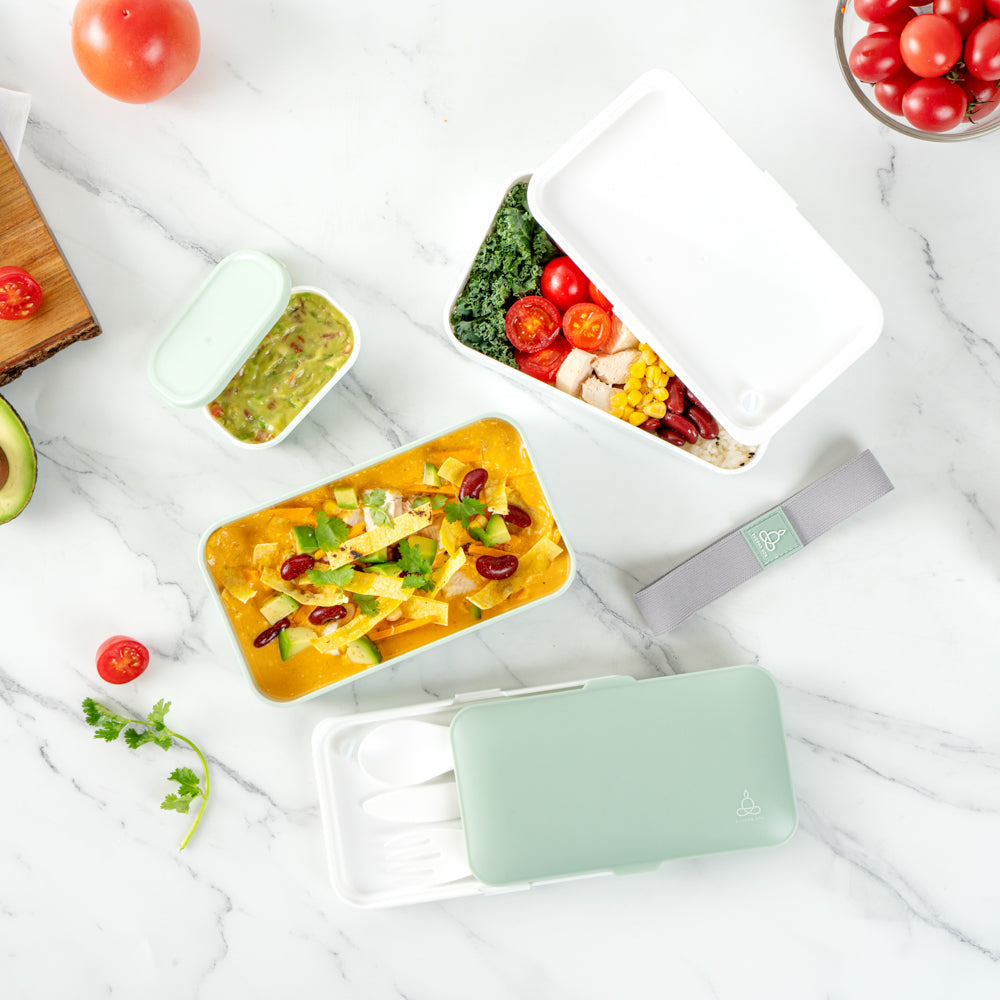 Bento Tek 41 oz Eco-Friendly Buddha Lunch Box Set with Utensils & Sauce Container | Reusable Green & White Meal Prep Container (7.25