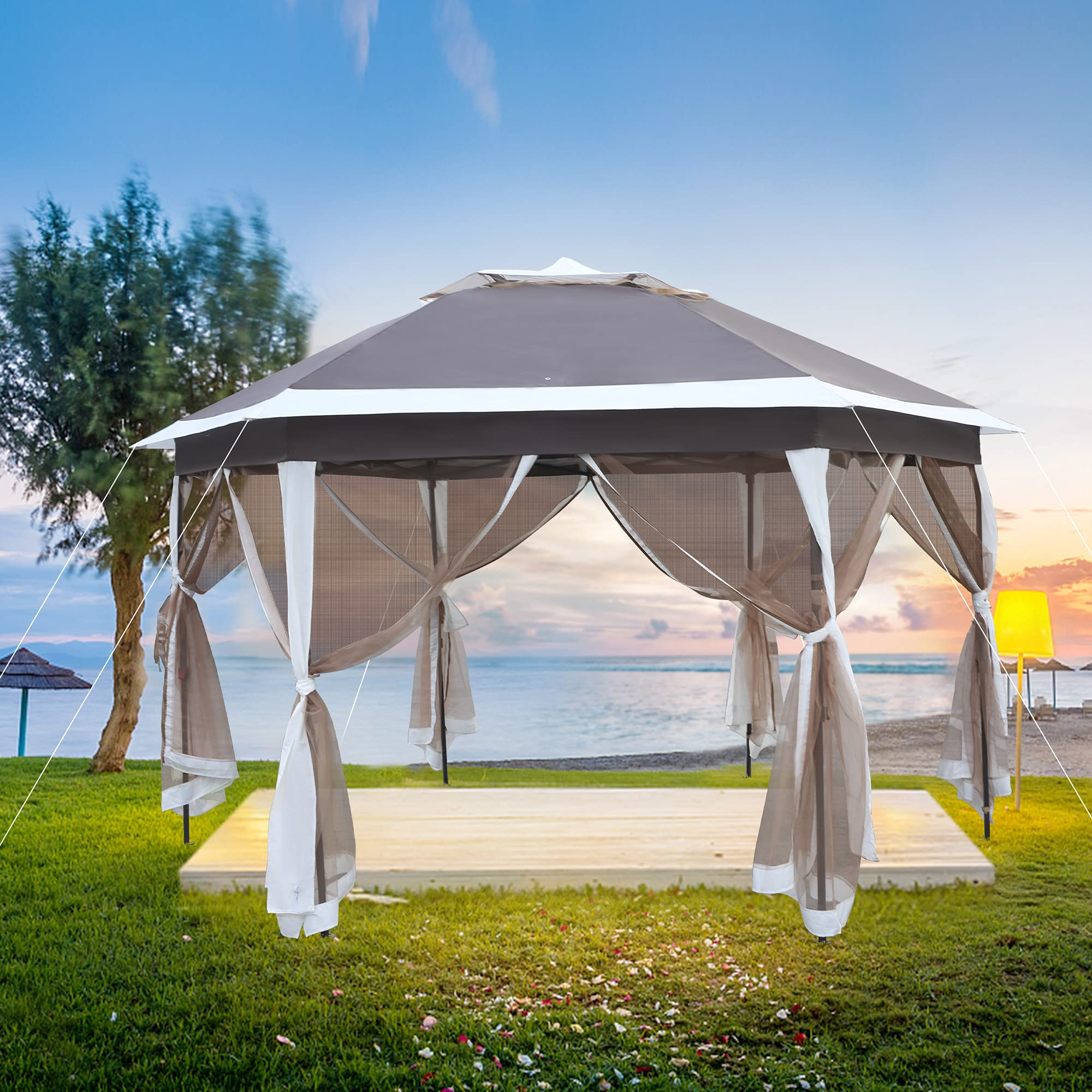 12x12ft Hexagonal Gazebo with Removable Mosquito Net - Portable Pop Up Canopy Tent for Patio, Deck, Beach, Yard & Poolside - Outdoor Party Shelter & Sun Protection
