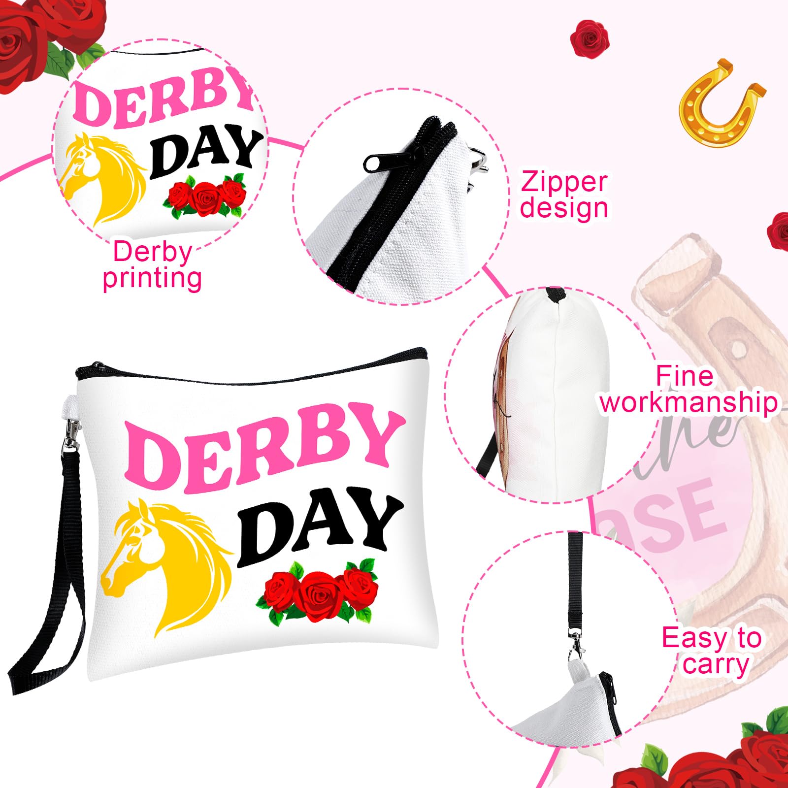 4 Pcs Kentucky Derby Horse Racing Themed Zippered Cosmetic Bags with Handles - Women's Canvas Wristlet Handbags for Makeup & Accessories | Perfect for Derby Parties, Horse Lover Gifts & Everyday Use