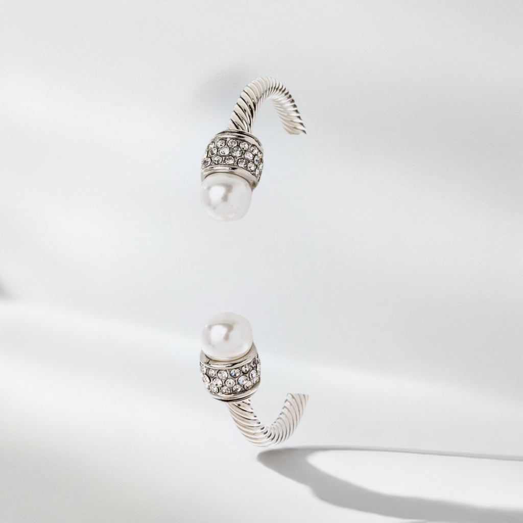Elegant Silver Cable Twisted Cuff Bracelet with CZ Pearls - Adjustable M H W Sizes for Women | Perfect for Parties, Weddings & Special Occasions