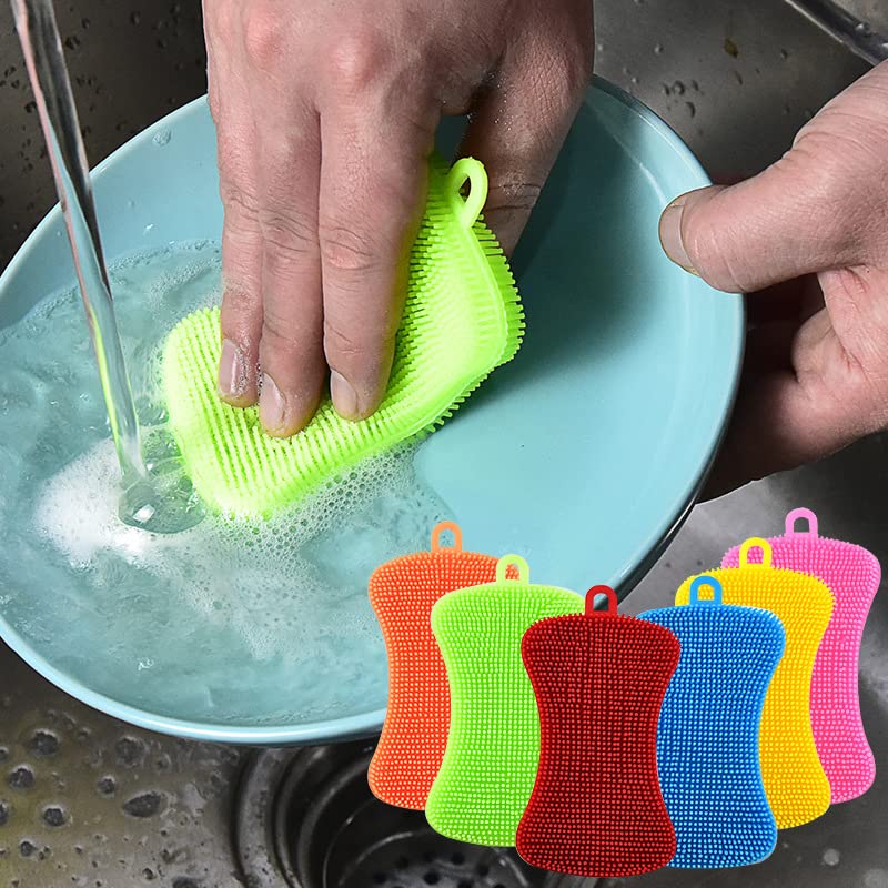 5-Pack Yellow Silicone Scrubbers for Kitchen & Dish Cleaning - Durable Sponges