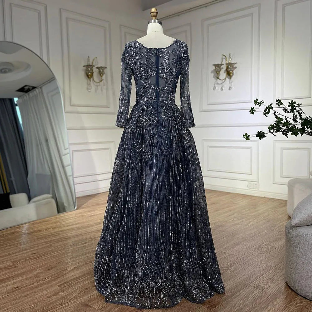 Luxury Dubai Evening Dresses for Women 2025 - Elegant A-Line Beaded Muslim Grey Blue Overskirt LA70773A | Perfect for Weddings, Parties & Formal Events