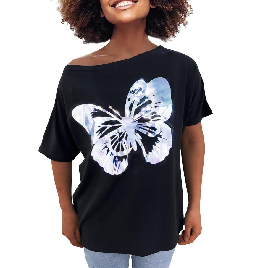 PESION Women's Off The Shoulder Tops - Sexy Shiny Metallic Short Sleeve Blouse with Fashion Graphic Print | Perfect for Night Out, Party, Club, Date Night and Casual Wear