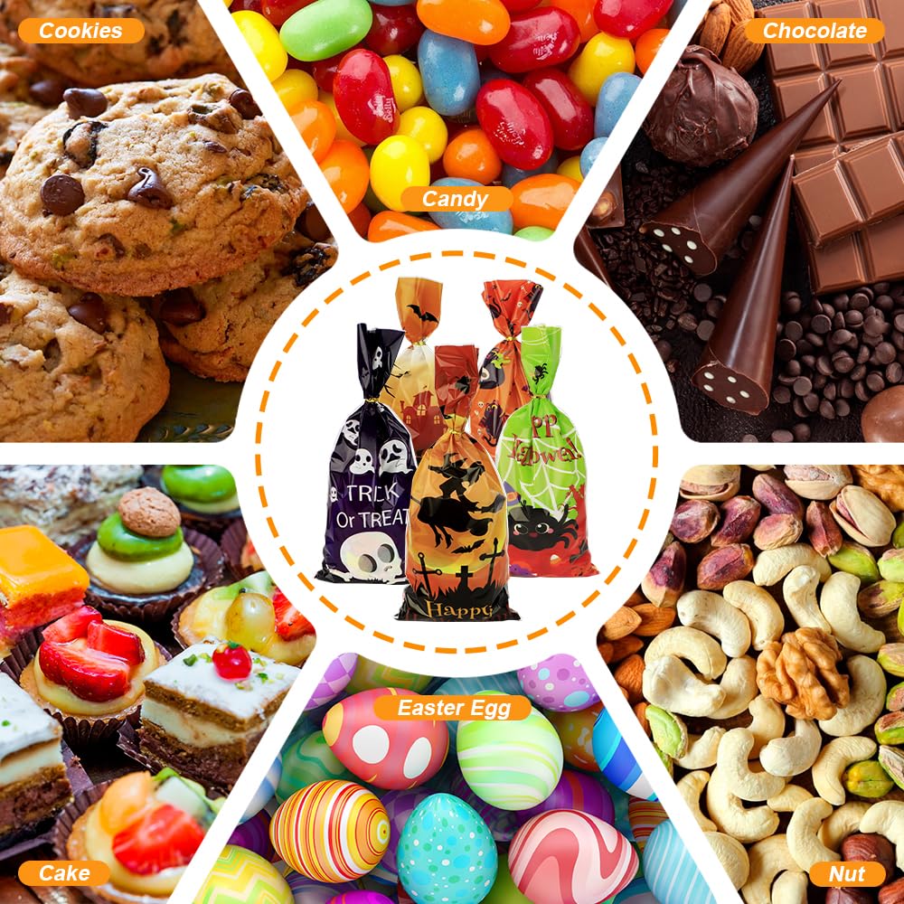 50 PCS Halloween Treat Bags with Ties - 4 Styles Halloween Cellophane Candy Bags for Trick or Treat Party Favors, Halloween Cookie & Goodie Bags - Perfect for Classroom Treats, Halloween Parties & Neighborhood Trick-or-Treating