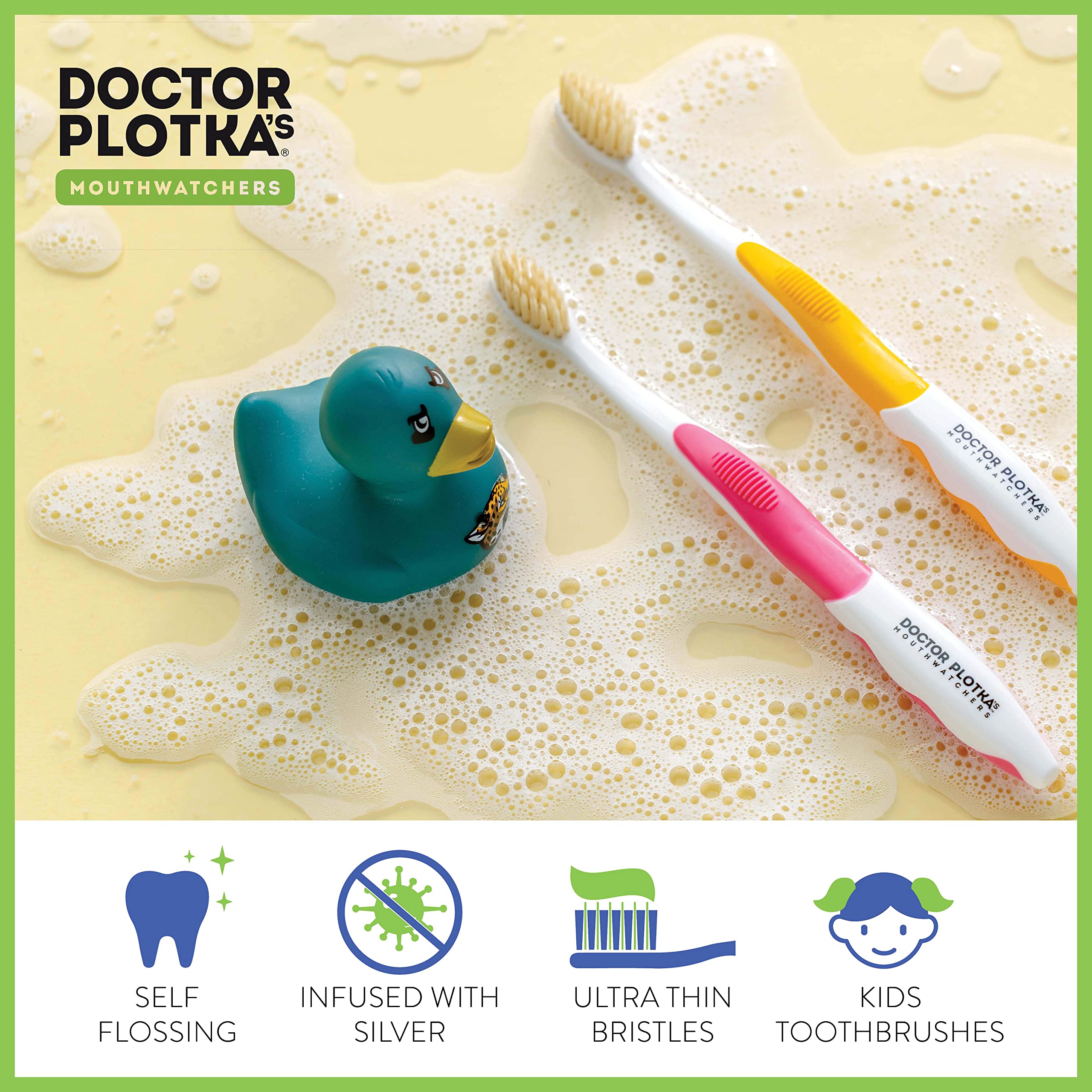 MOUTHWATCHERS Soft Kids Toothbrushes 4 Pack - Manual Flossing Toothbrush for Children | Ultra Clean Bristles | Dentist-Recommended Pink Toothbrushes by Dr. Plotka | Perfect for Daily Brushing, Travel & School Lunchboxes