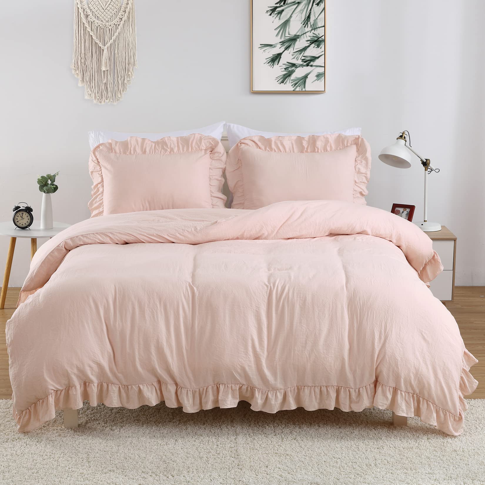Pink Ruffle Duvet Cover Queen Size - 3PCS Soft Washed Microfiber Vintage French Country Bedding Set (90x90 inches) for Cozy Bedroom Decor | Perfect for Master Bedroom, Guest Room & Farmhouse Style Homes