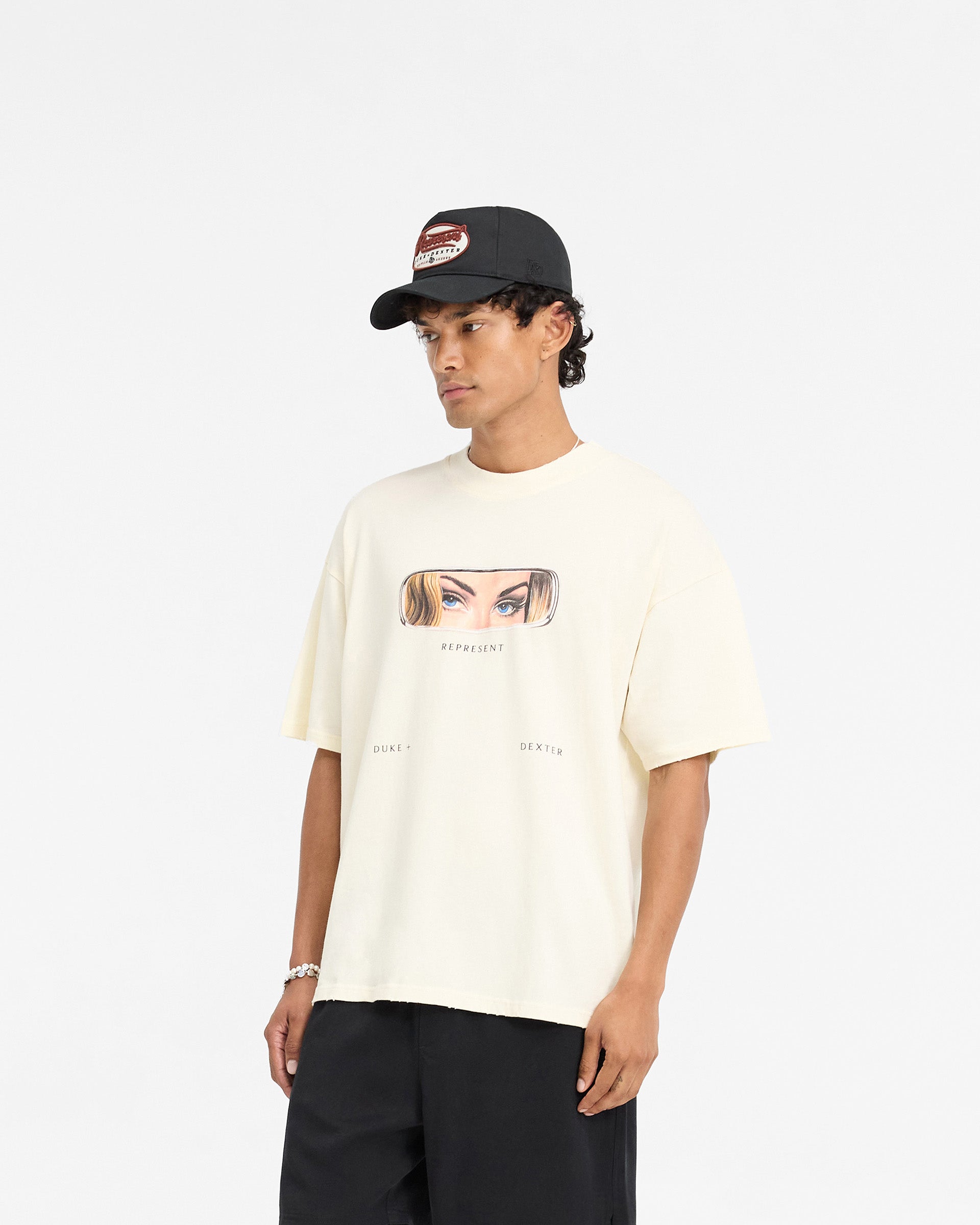 Represent X Duke + Dexter Rearview Mirror Graphic T-Shirt - Ecru Cotton Tee for Men | Casual Streetwear & Summer Outfits