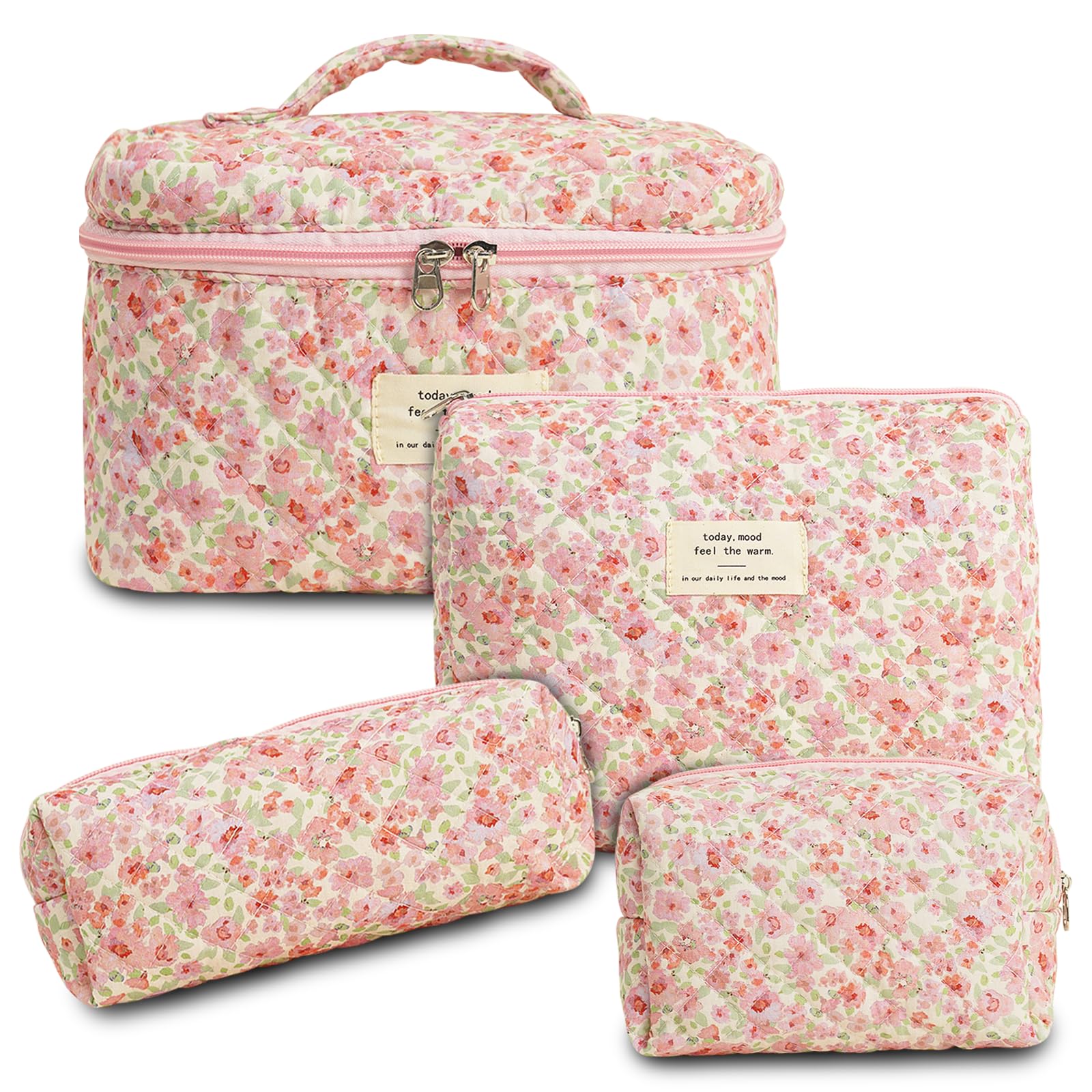 4Pcs Quilted Makeup Bag Set - Cute Floral Cosmetic Organizer, Cotton Travel Toiletry Bag for Women & Girls | Perfect for Travel, Gym, and Daily Beauty Storage