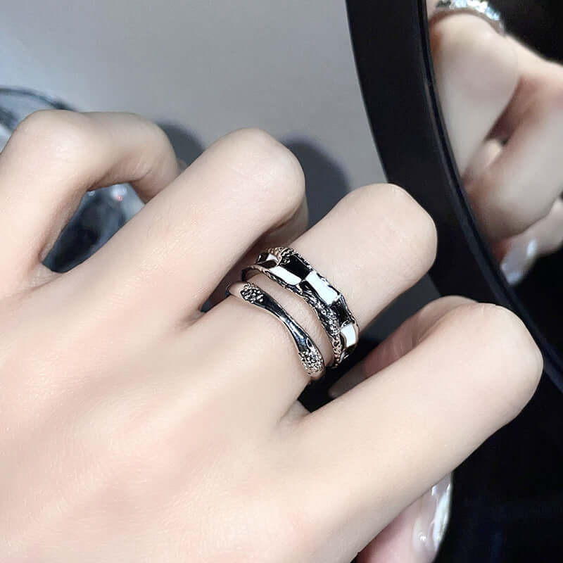 Black & White Checkerboard Layered Silver Ring for Women | JZ2517 | Elegant Stackable Jewelry for Everyday Wear & Special Occasions