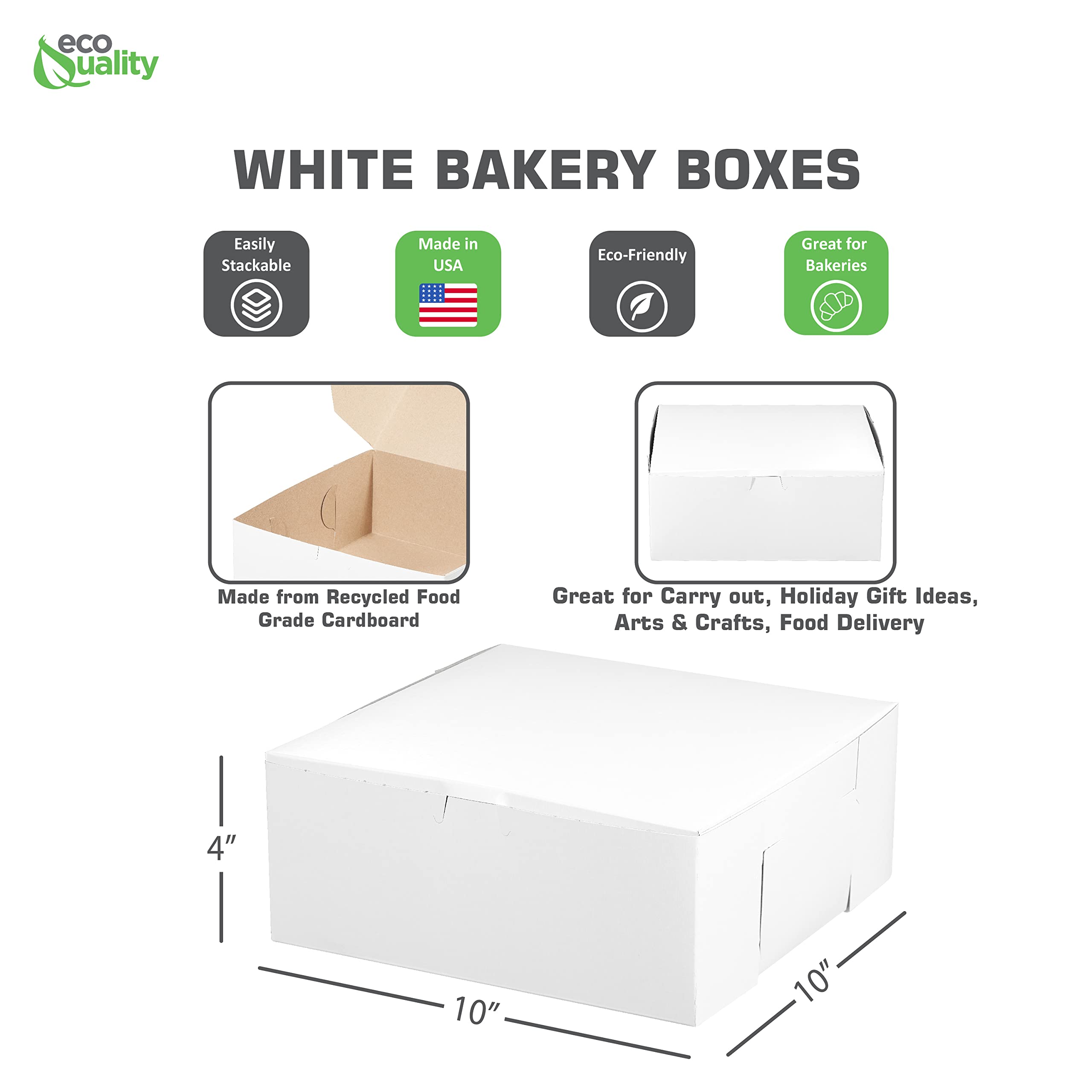 Eco-Friendly White Kraft Bakery Pastry Boxes 10x10x4 Inches - Recyclable Paperboard Gift Box for Cookies, Cakes, Pies - Perfect for Home Baking, Retail Bakeries, Baby Showers & Party Favors (Pack of 200)