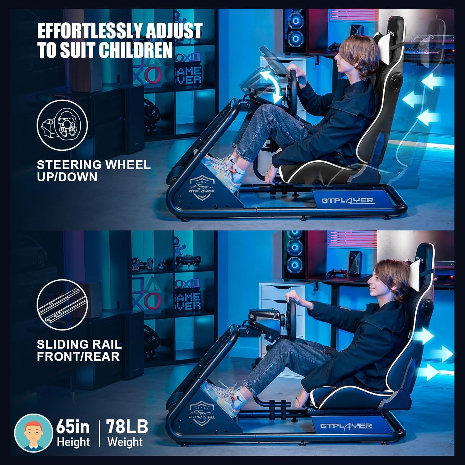 GTPLAYER Racing Simulator Cockpit with Adjustable Seat & Bluetooth Speakers - Ultra-Sturdy Alloy Steel Frame Gaming Chair for PC/PS4/Xbox - Perfect for Home Racing Games & Flight Simulation (White)