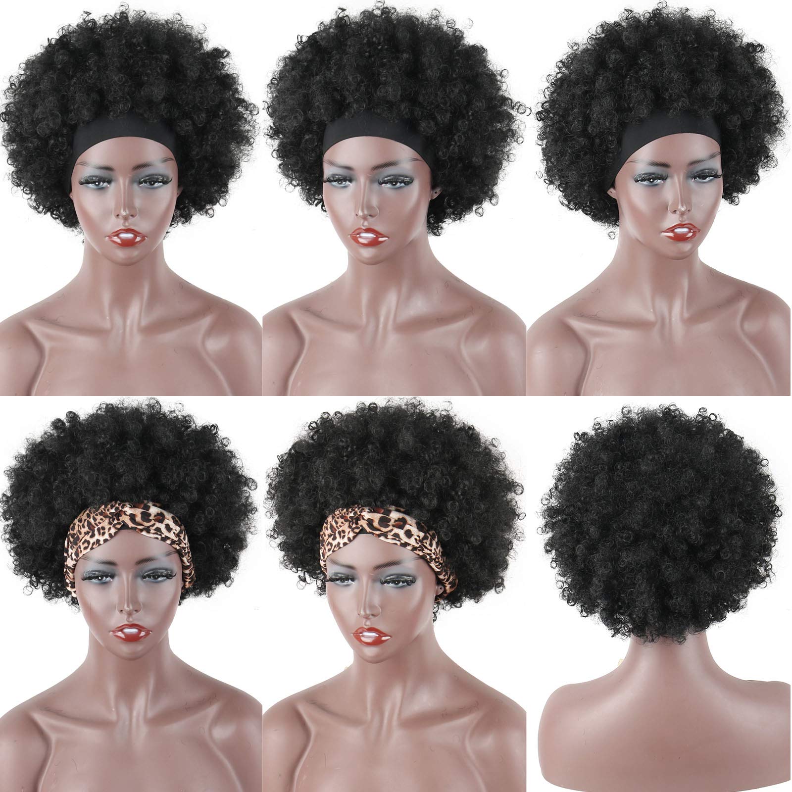 LEOSA Short Afro Kinky Curly Synthetic Wigs for Black Women - Pre-attached Headband, Natural Looking Replacement Hair - Perfect for Daily Wear, Cosplay & Protective Styling