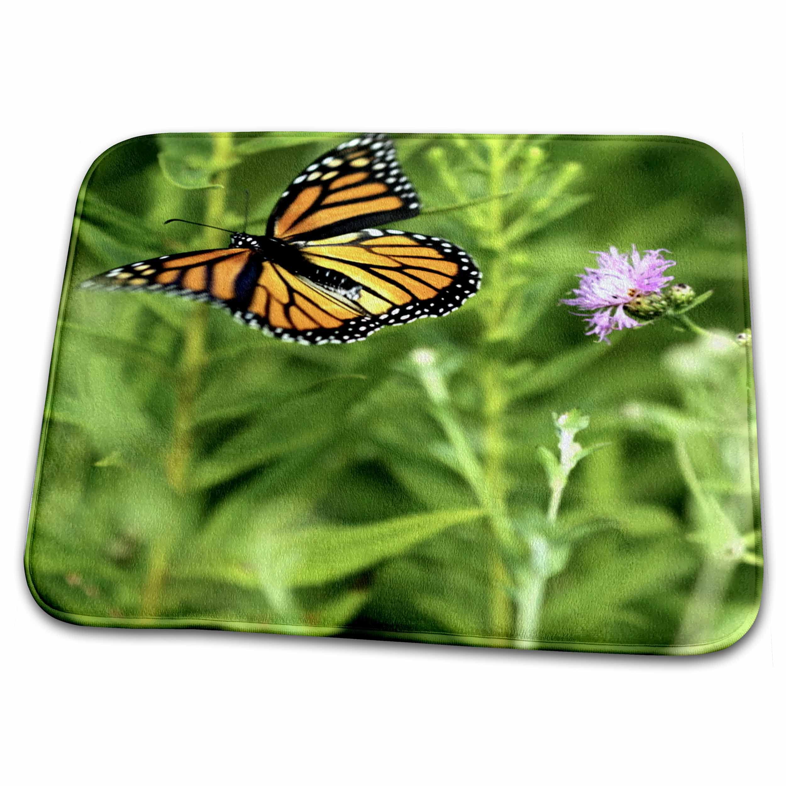 Butterfly Monarch Flowers Dish Drying Mat - Absorbent Kitchen Countertop Protector for Dishes, Cups & Utensils | Orange Purple Green Design | Perfect for Photography, Nature Lovers & Home Decor