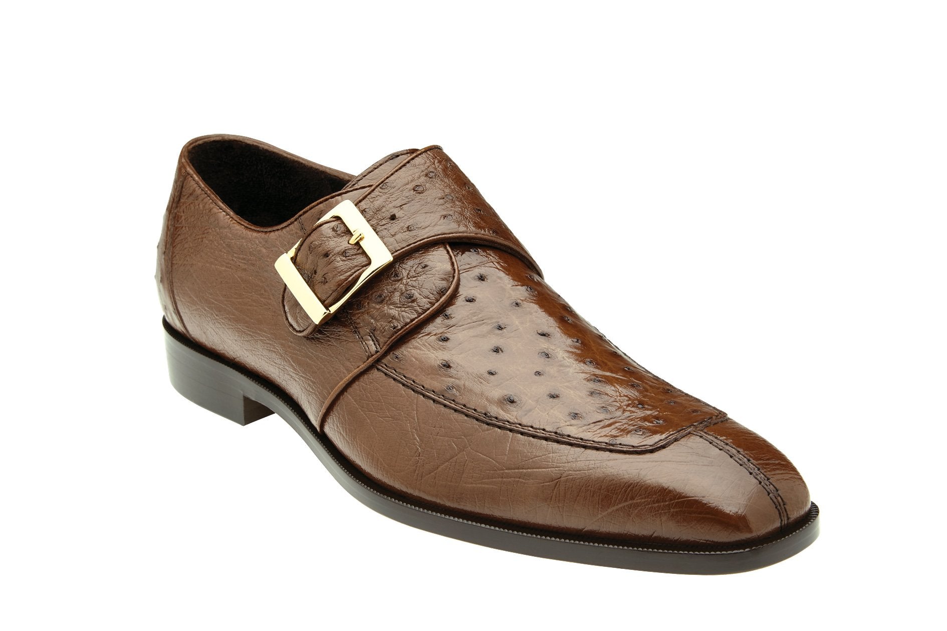 Belvedere Josh Genuine Ostrich Leather Dress Shoes for Men - Single Buckle Brown Formal Shoes 114011 - Perfect for Business Meetings, Weddings & Special Occasions