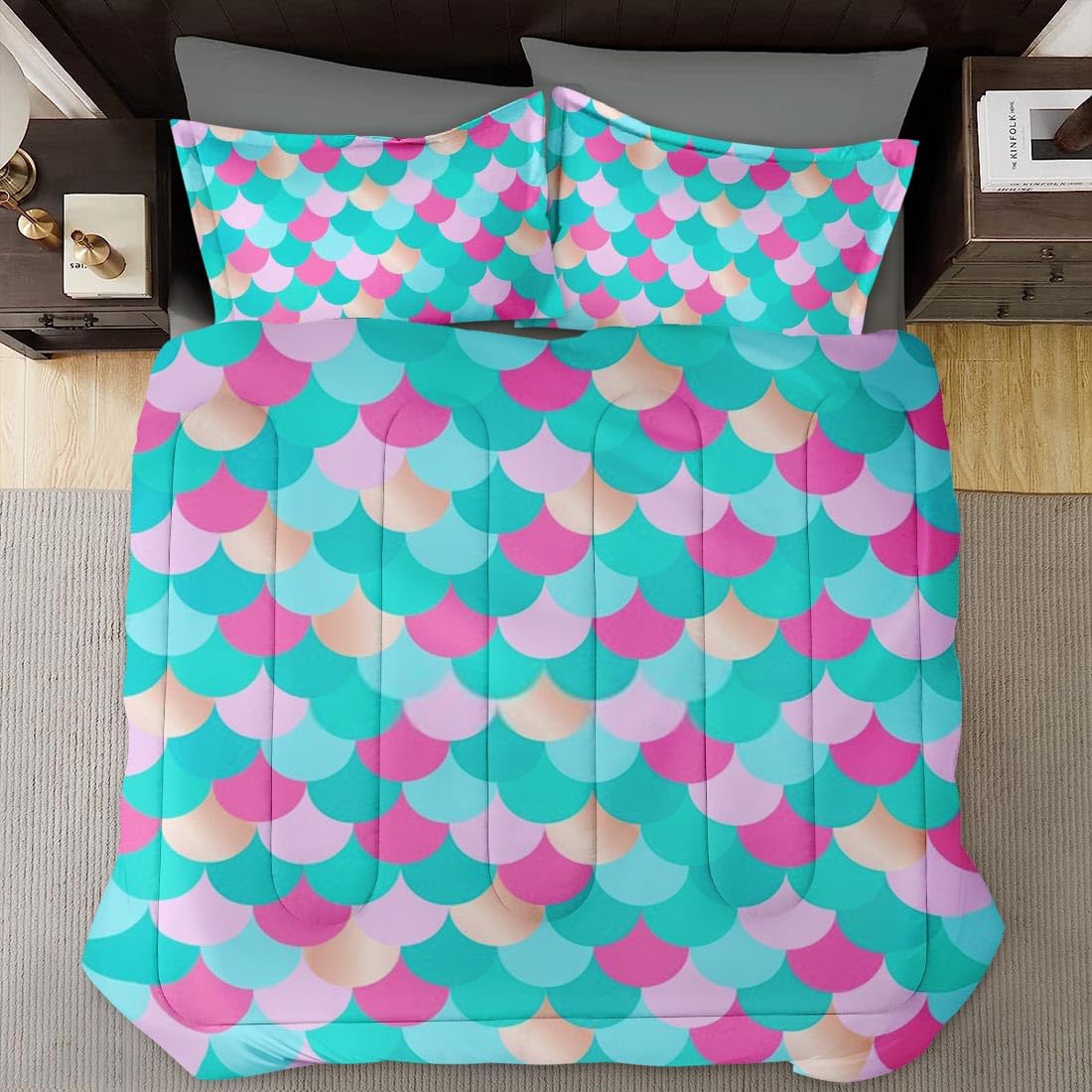 Mermaid Gold Red Green Comforter Set Queen Size - Soft Bedding Set for Kids & Adults, Includes 2 Pillowcases - Perfect for Bedroom Decor & Coastal Themed Rooms