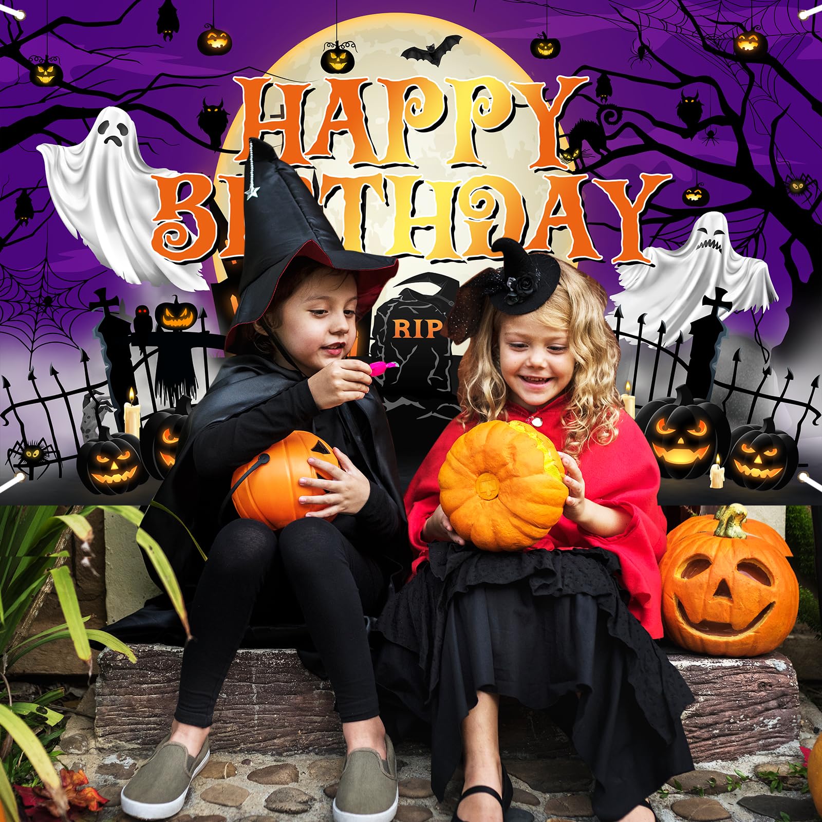 Avezano Halloween Birthday Banner - Purple Horror Moon Night Decor for Kids Parties
