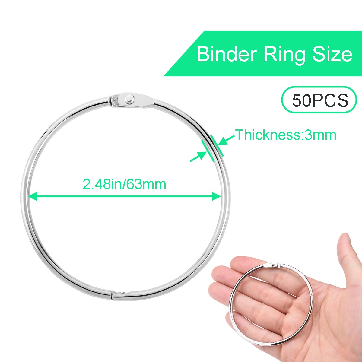 CooBigo 50 Pack 2-1/2 Inch Silver Metal Binder Rings - Book Rings, Loose Leaf Paper Clips, Flash Card Holders, Nail Swatch Organizers & Keychain Rings for School, Office & Crafting Supplies