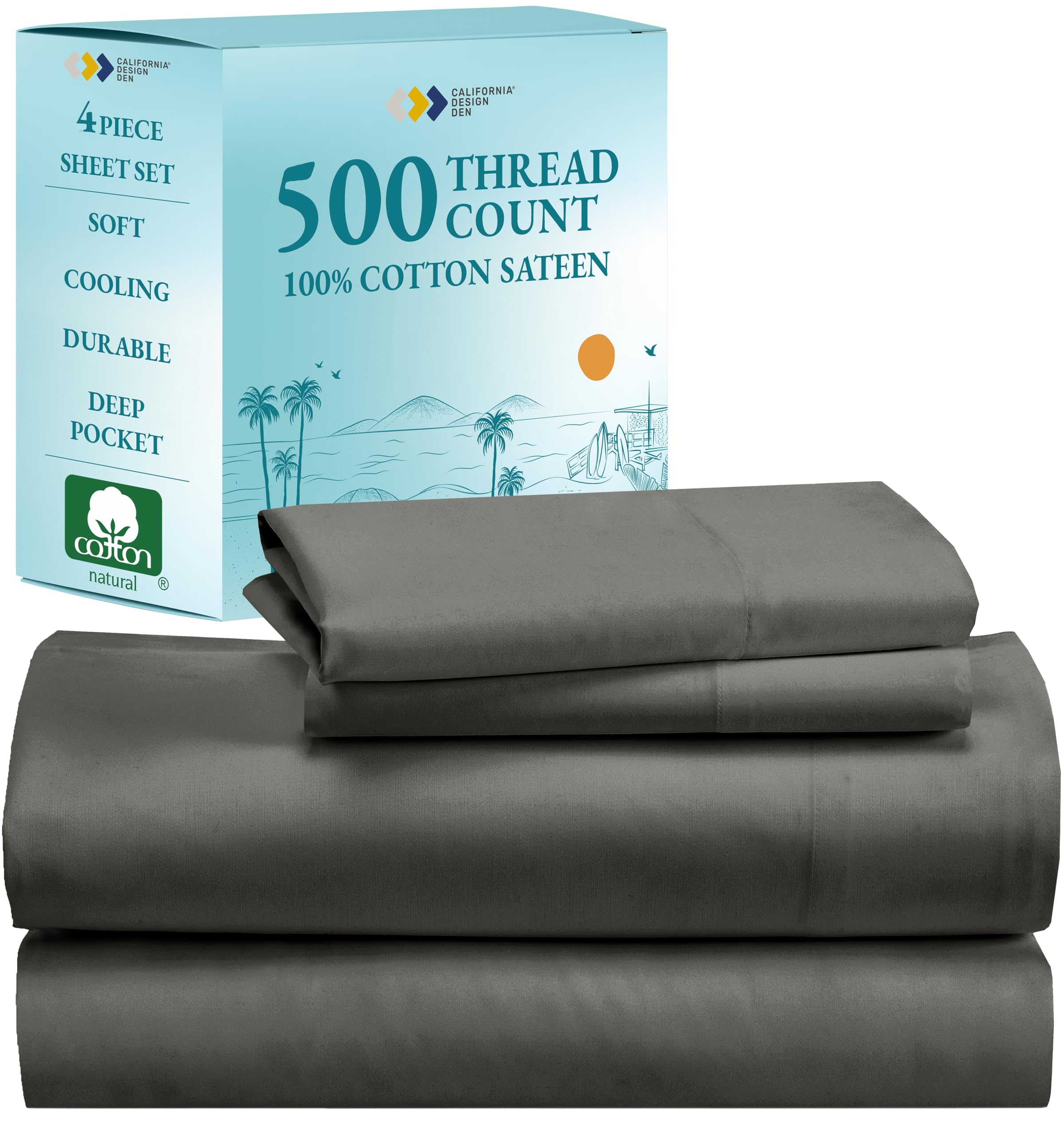 California Design Den - Premium 100% Cotton Full Size Sheet Set, 500 Thread Count Sateen Weave, Soft & Cooling Deep Pocket Fitted Sheets with Snug Fit Elastic (Grey) - Perfect for Bedroom, Guest Room & Dorm Comfort