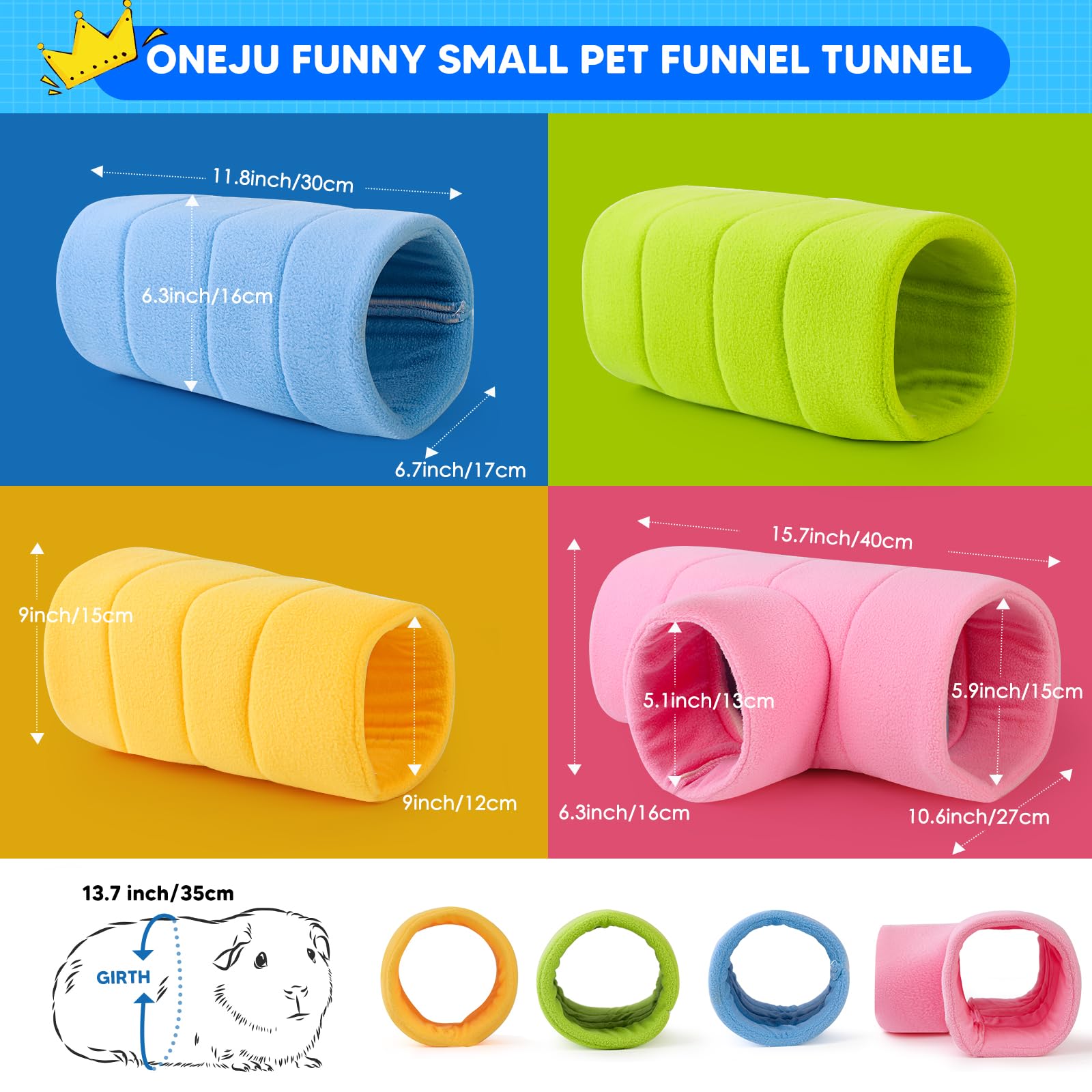Guinea Pig Play Set - 4 Stackable Tunnels & 3 Two-Way Play Tubes for Small Pets - Pink, Blue, Green & Yellow Colors - Fun Interactive Toy for Hamsters, Rabbits & Rodents - Perfect for Cage Enrichment & Exercise