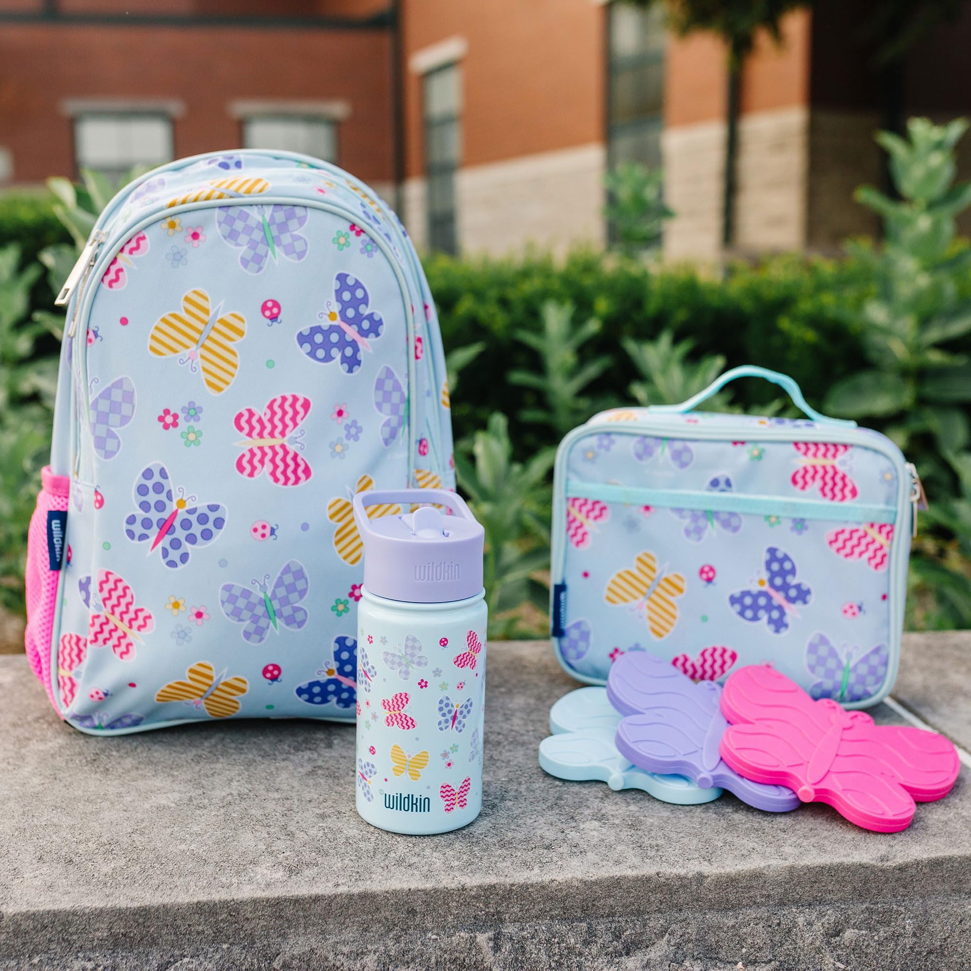 Wildkin 15 Inch Kids Backpack Set with Matching Lunch Box - Butterfly Garden Design for School, Travel & Daycare | Durable Backpack for Girls & Boys