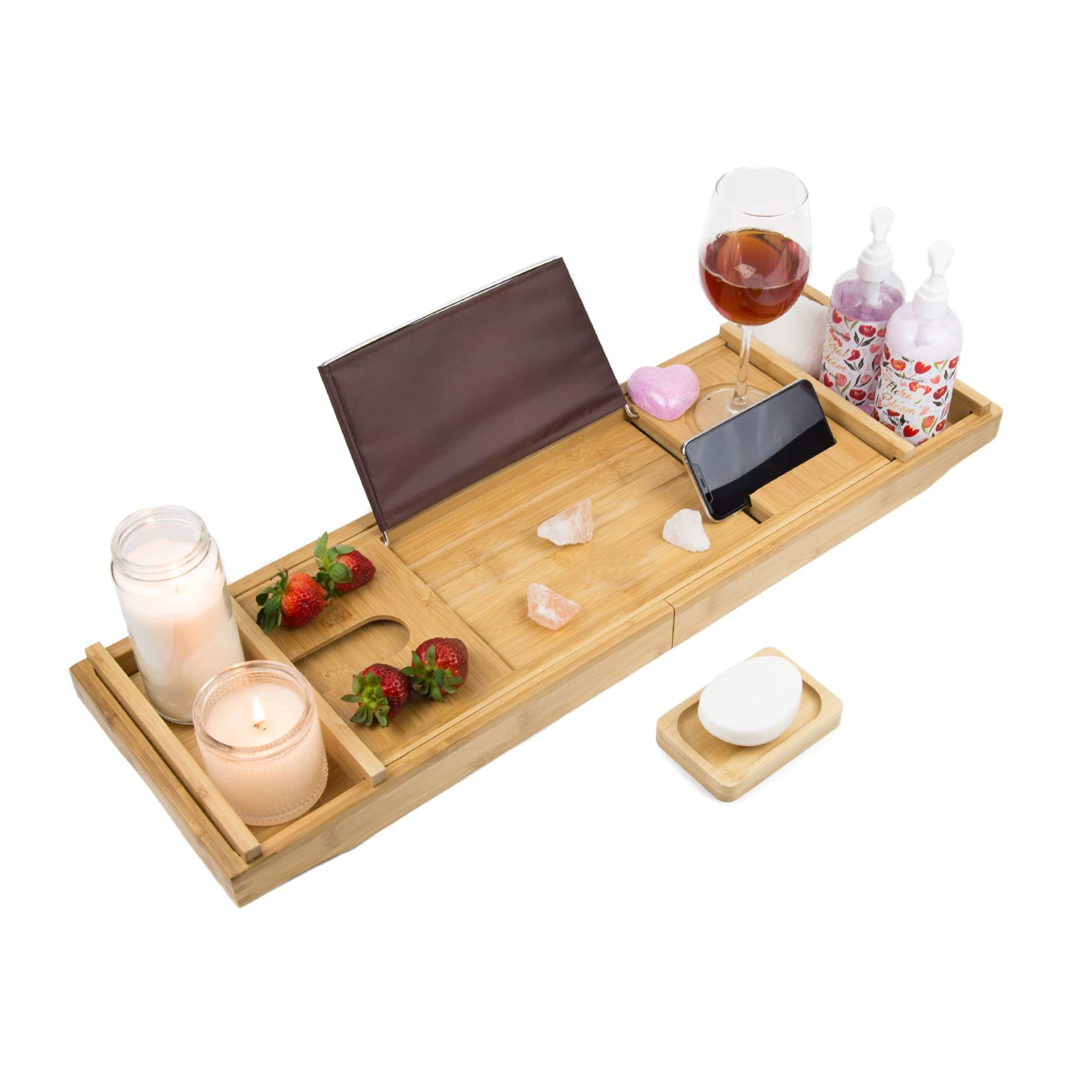 Premium Bamboo Bathtub Tray Caddy - Expandable Foldable Bath Tray for Relaxation - Unique Housewarming, Anniversary & Wedding Gift for Couples - Perfect for Reading, Wine, Candles & Spa Nights