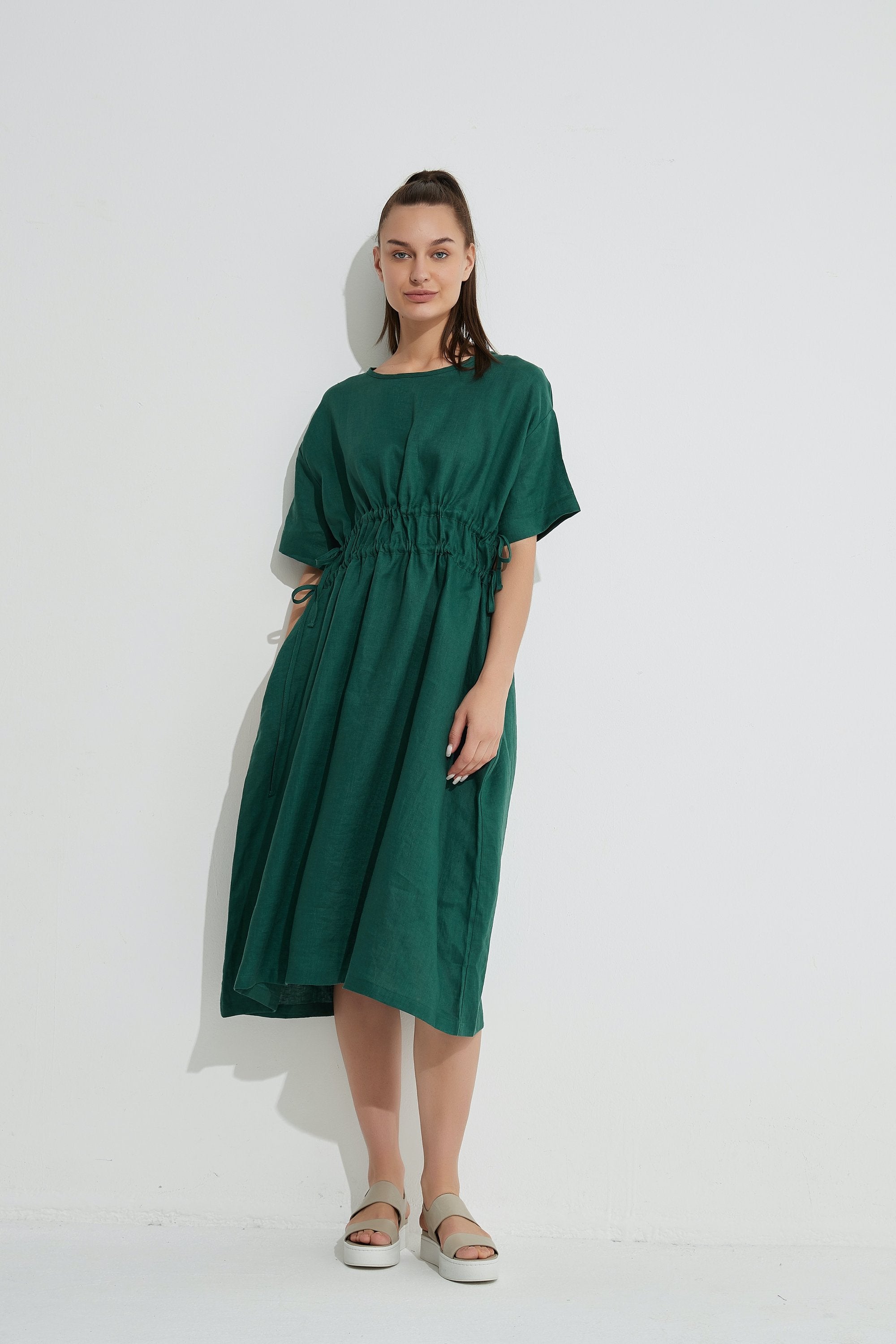 Emerald Green Double Drawcord Midi Dress for Women - Elegant & Adjustable Waist - Perfect for Casual Outings, Date Nights & Summer Events