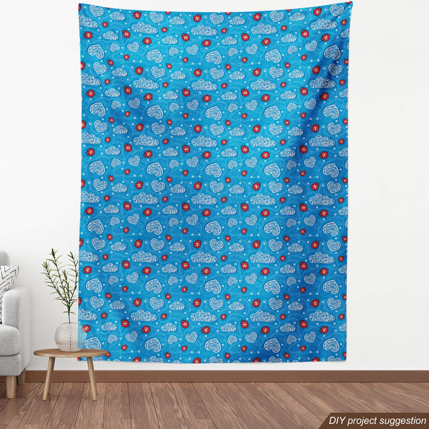 Ambesonne Ladybugs Fabric by The Yard - Ladybug & Ornate Clouds Design for Upholstery, Curtains, Pillows | Decorative Home Fabric in Red & Blue | 10 Yards | Perfect for DIY Crafts, Home Decor & Sewing Projects
