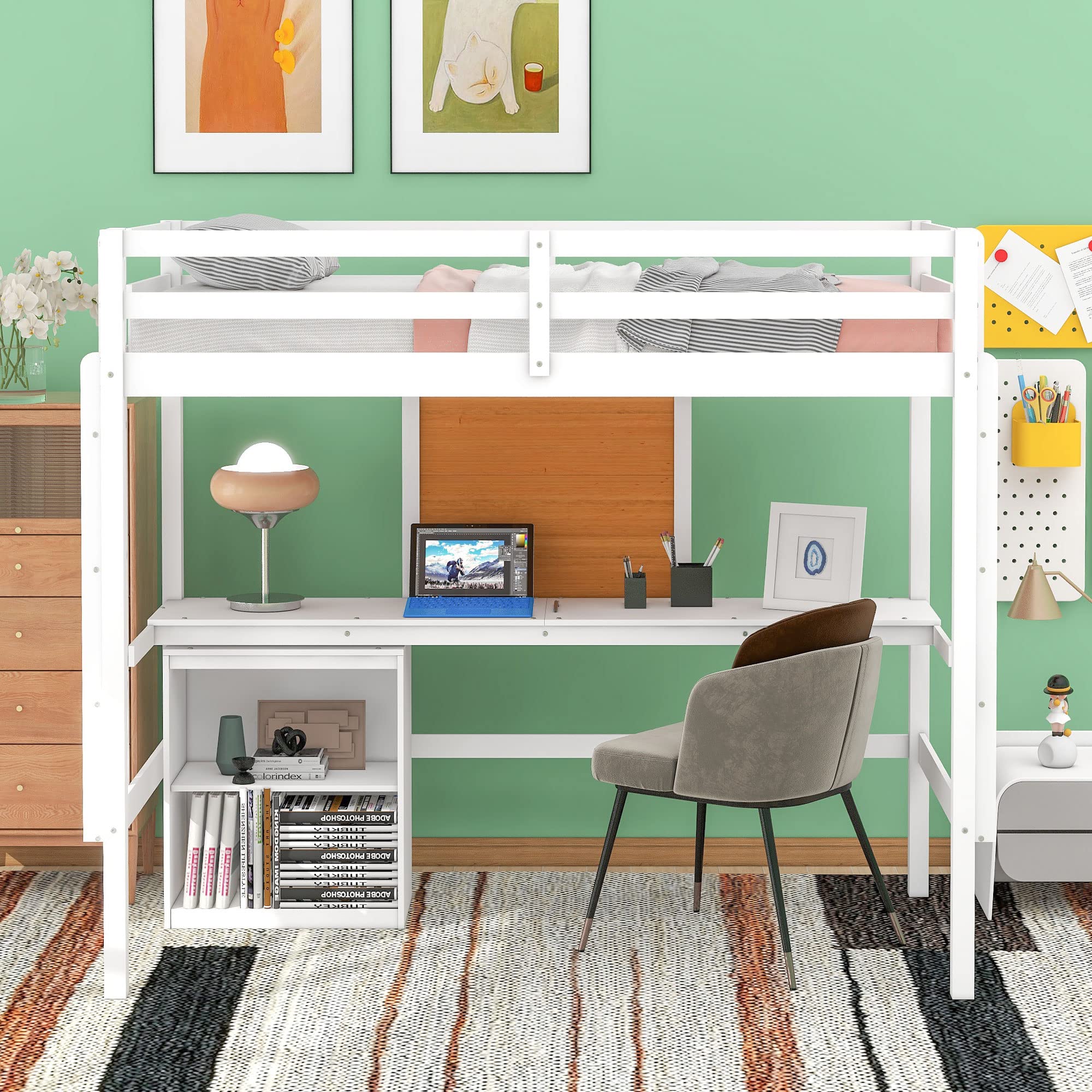 Harper & Bright Designs Twin Size Loft Bed with Desk, 2 Storage Cabinets & Writing Board - Sturdy Wooden Loft Bed Frame with Slats for Kids, Teens & Adults - Perfect for Small Bedrooms, Dorm Rooms & Home Offices (White)