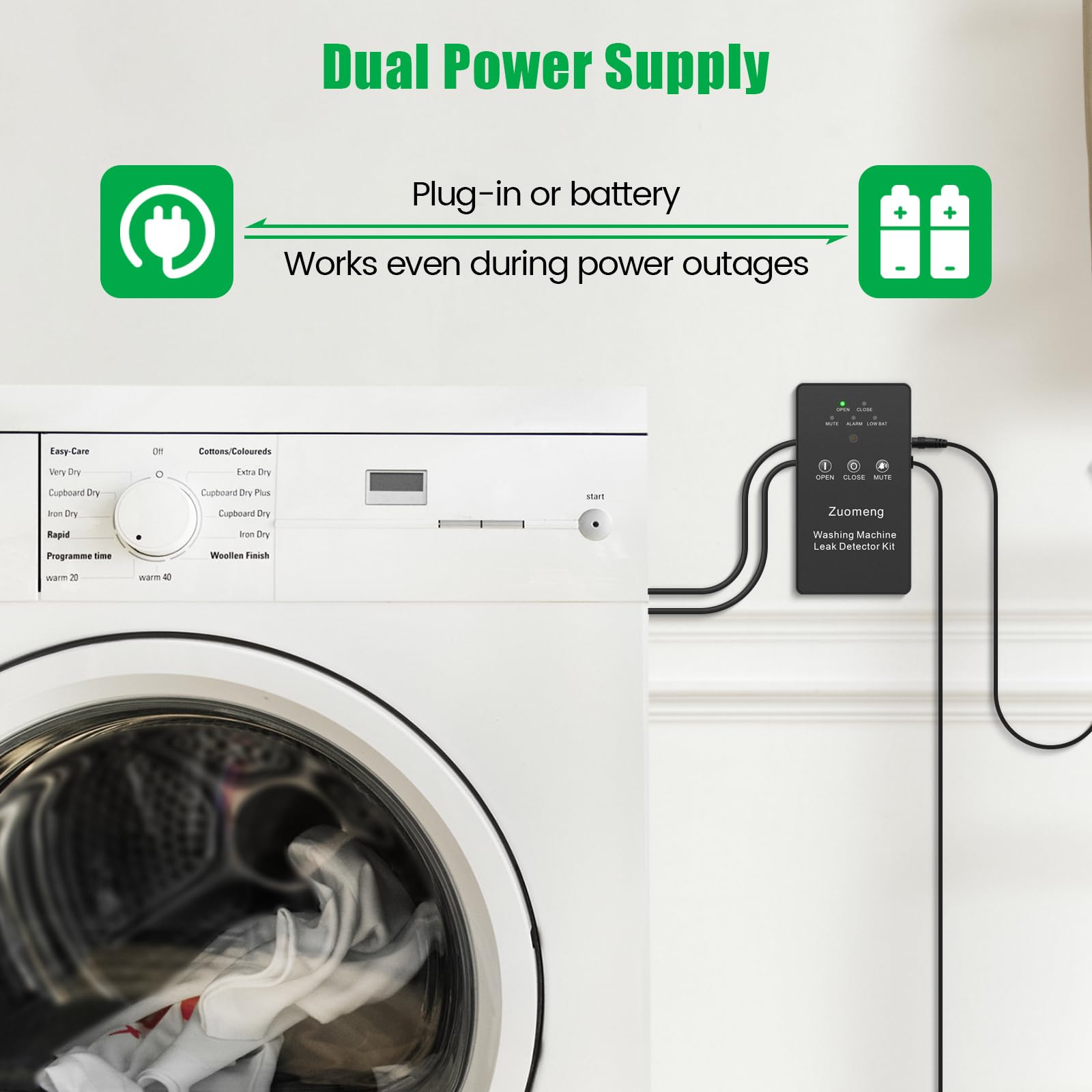 Smart Water Leak Detector for Washing Machine - Dual Power Supply, High Precision Sensor, Auto Shut-Off Valves (3/4