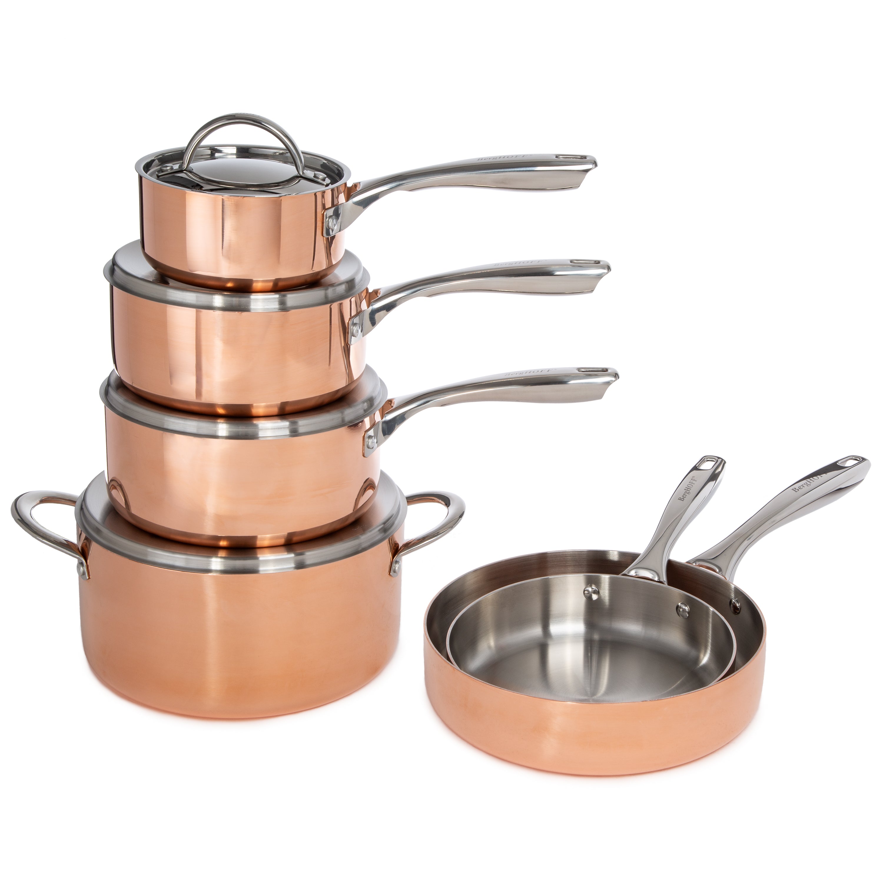 BergHOFF Vintage 10-Piece Tri-Ply Copper Cookware Set with Lids - Polished Stainless Steel Pots and Pans for Professional Cooking, Baking & Entertaining