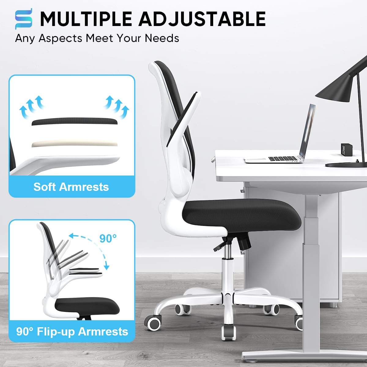 Ergonomic Office Chair with Flip-Up Arms & Lumbar Support - Breathable Mesh Desk Chair with Padded Seat for Home & Office Workspace (White) - Perfect for Long Hours of Computer Work, Gaming, and Remote Working
