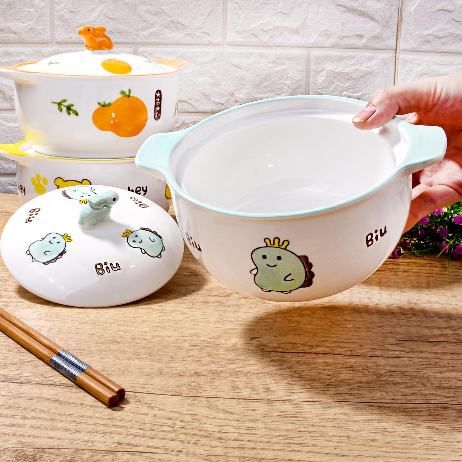Adorable Animal Ceramic Bowls with Lids Set - Microwave & Dishwasher Safe Food Storage Containers for Kitchen, Meal Prep, Instant Noodles, Office, Dorm, Bento & Snacks | Perfect for Home, Work & College Use