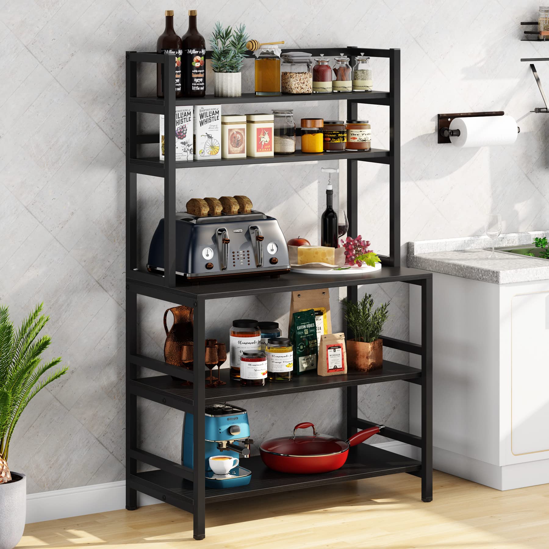 Tribesigns 5-Tier Kitchen Bakers Rack with Hutch - Microwave Stand, Spice Organizer & Storage Shelf for Pots, Pans, Oven - Free Standing Kitchen Utility Organizer (Black) - Perfect for Small Kitchens, Apartments & Pantry Organization