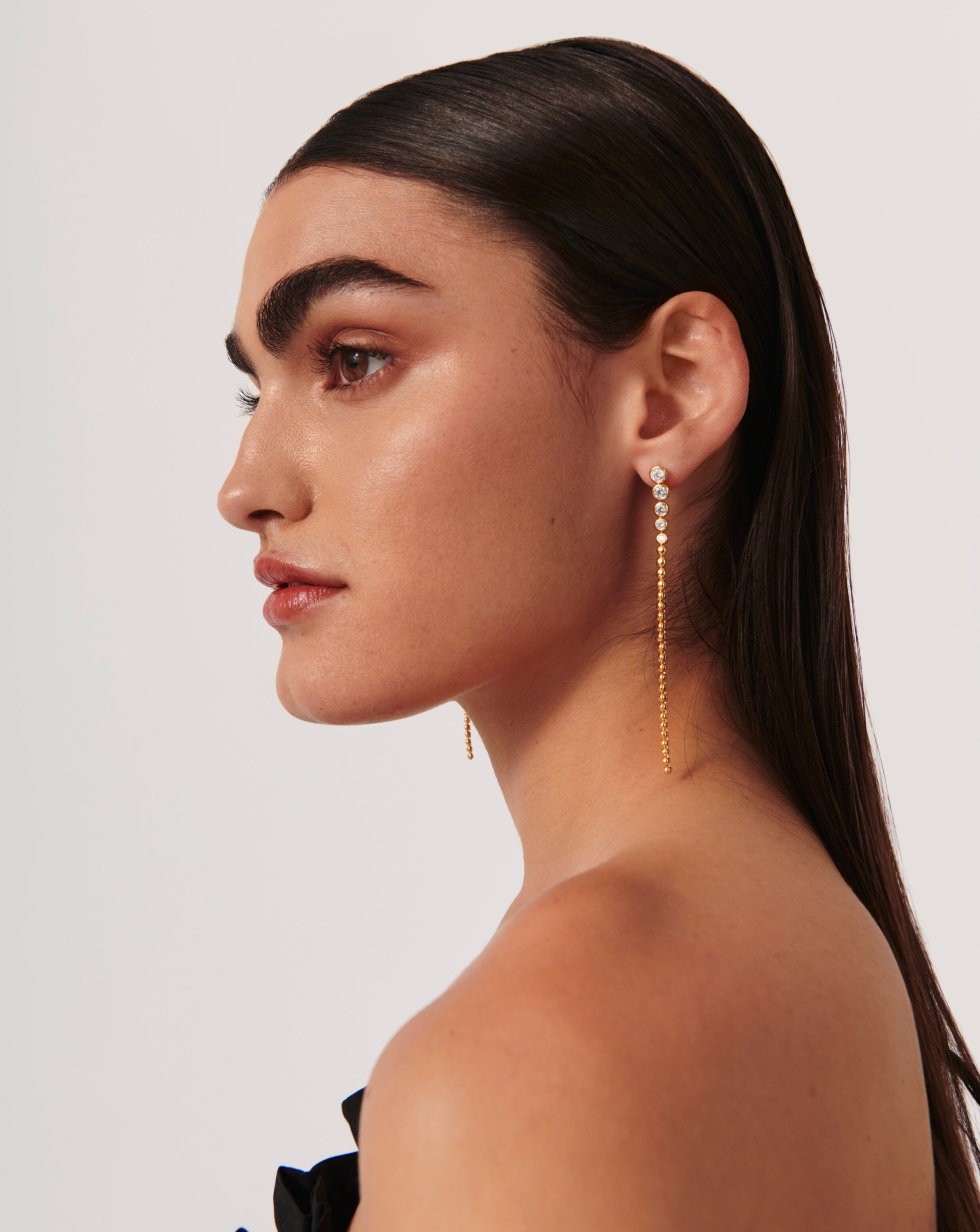 18k Gold Vermeil Tennis Beaded Stone Extra Long Drop Earrings with Cubic Zirconia - Elegant Dangling Jewelry for Women, Perfect for Weddings, Parties & Special Occasions