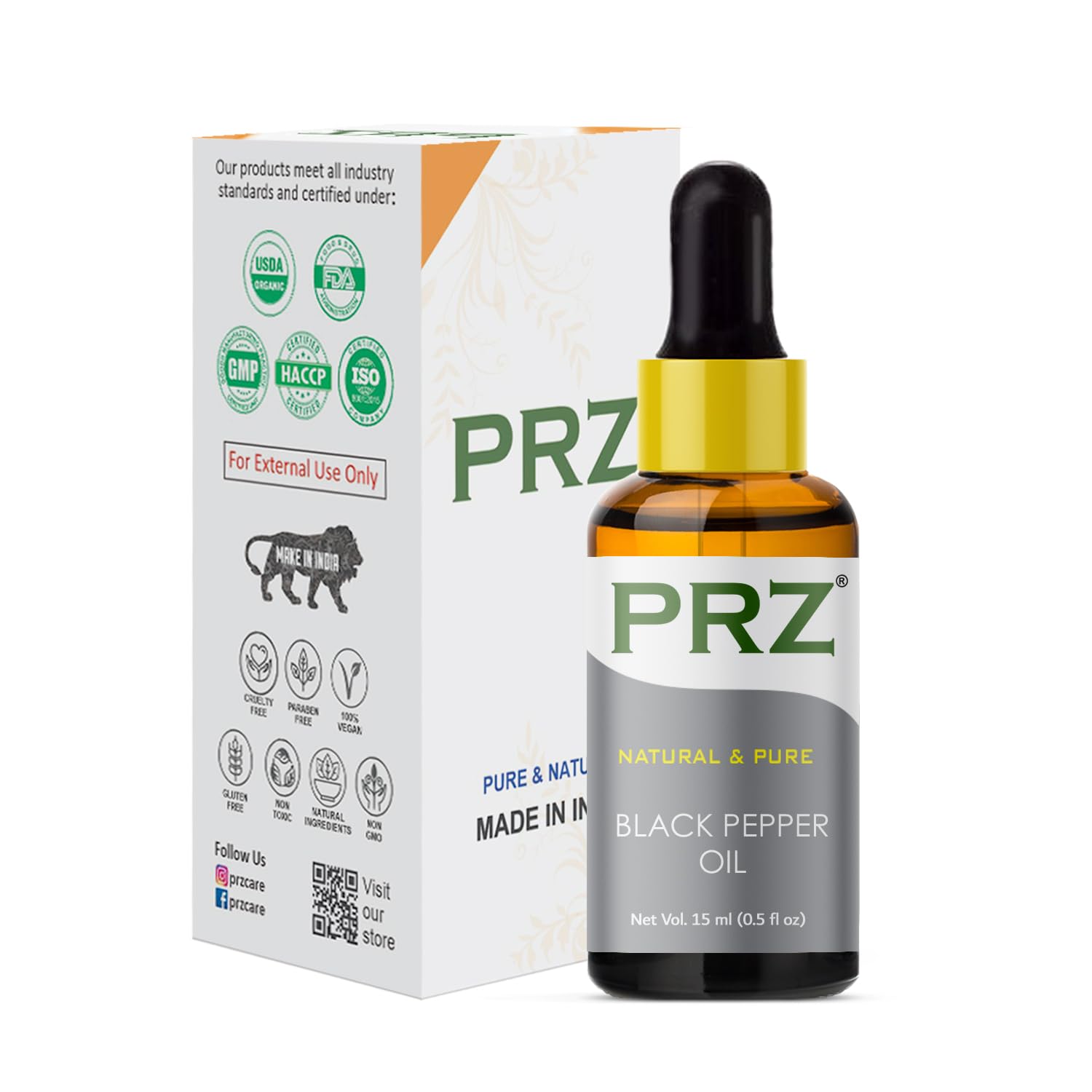 PRZ Black Pepper Essential Oil - 100% Pure Natural Therapeutic Grade for Aromatherapy, Skin Care & Hair Growth | 15ml Bottle | Perfect for Massage, Diffusers & DIY Beauty Products