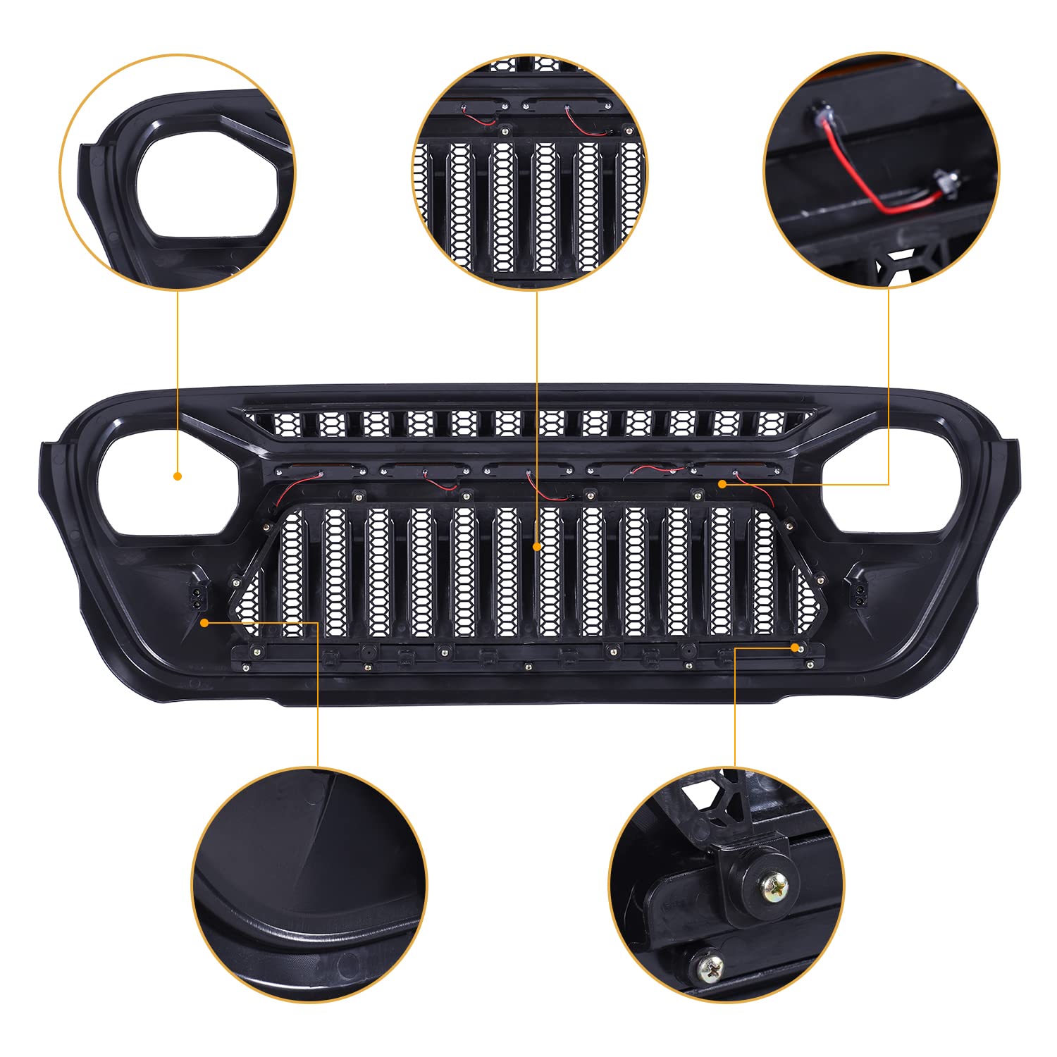 2018+ Jeep Wrangler JL/JLU & Gladiator JT Matte Black Mesh Grille Front Cover with Amber LED Running Lights | Off-Road Protection & Style Upgrade