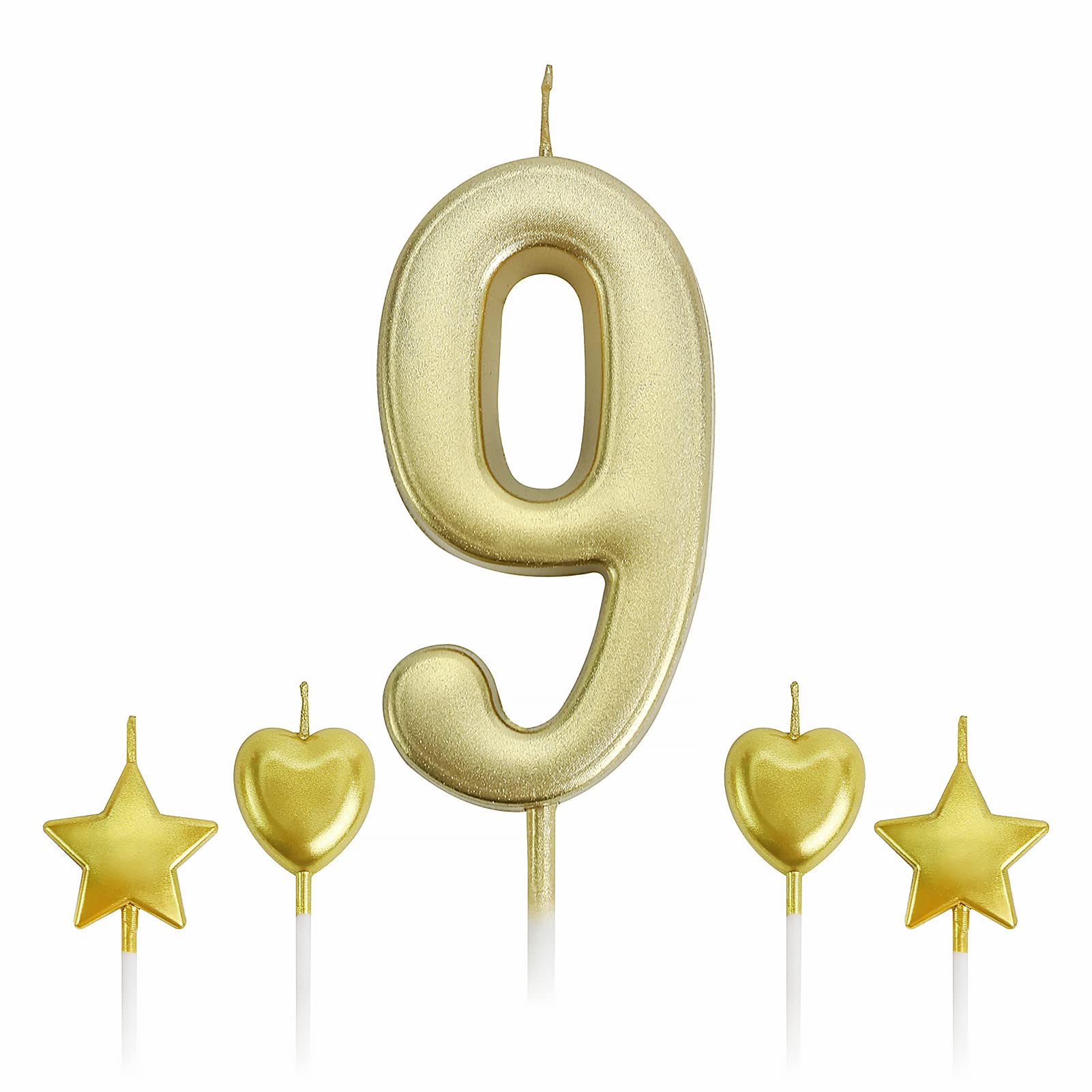 Gold 9th Birthday Candles with Star & Heart Toppers for Cake Decoration - Party, Kids, Adults