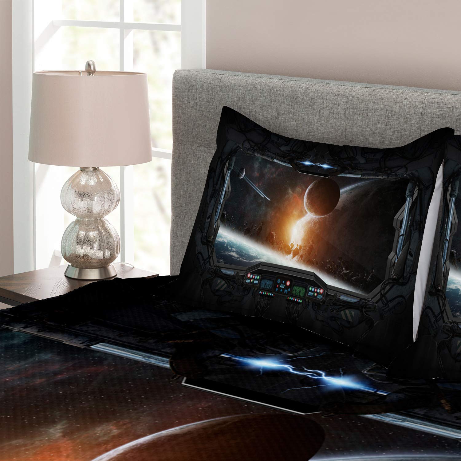 Ambesonne Outer Space Bedspread Set - Planets & Astronaut View from Shuttle Window, 3-Piece King Size Bedding with 2 Pillow Shams in Grey & Orange | Perfect for Space-Themed Bedrooms, Sci-Fi Decor, and Astronomy Enthusiasts