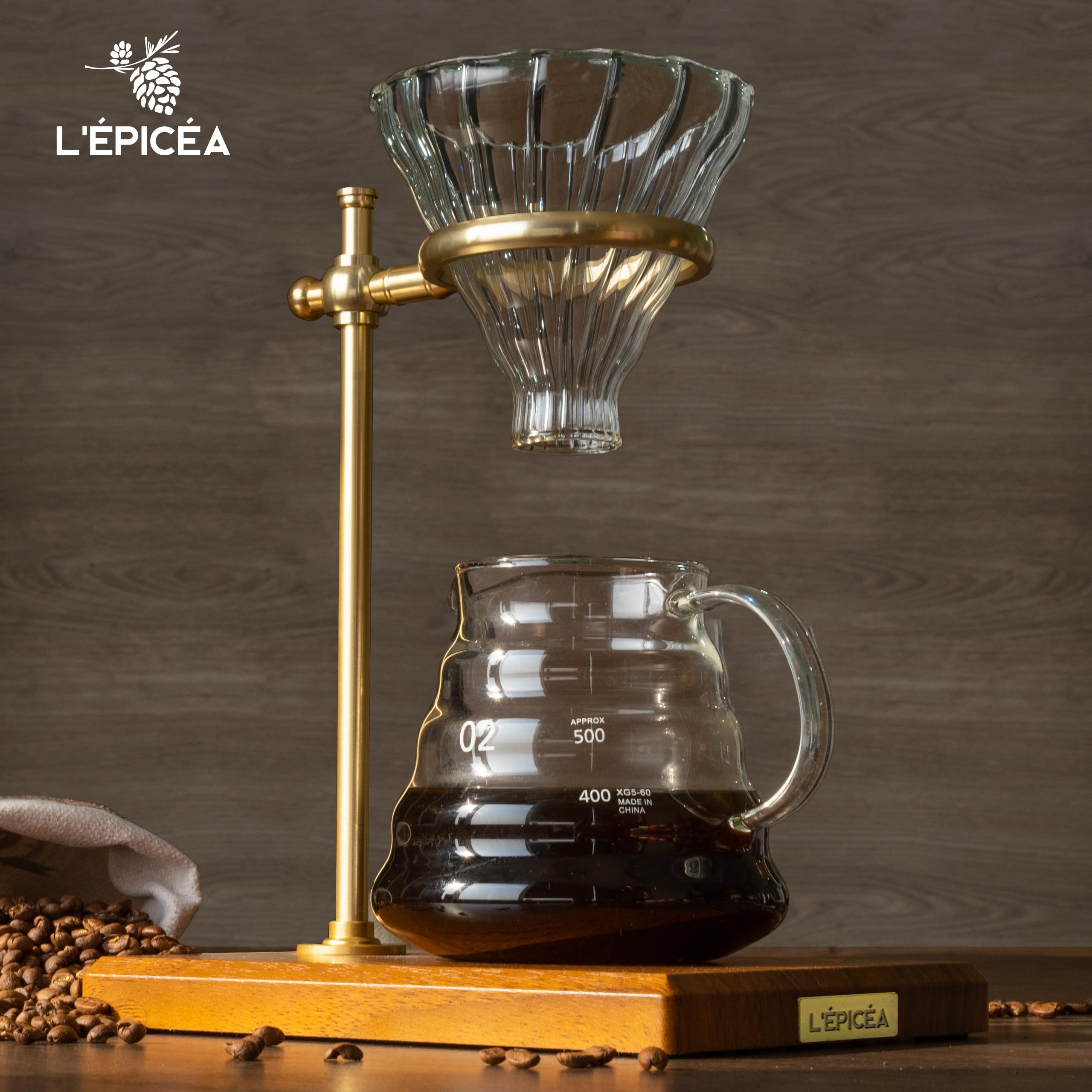 Premium Pour Over Coffee Maker Set - Adjustable Stainless Steel Stand with Wooden Base, Glass Carafe & Paper Filters - Ideal for Home Brewing, Office Use & Specialty Coffee Lovers
