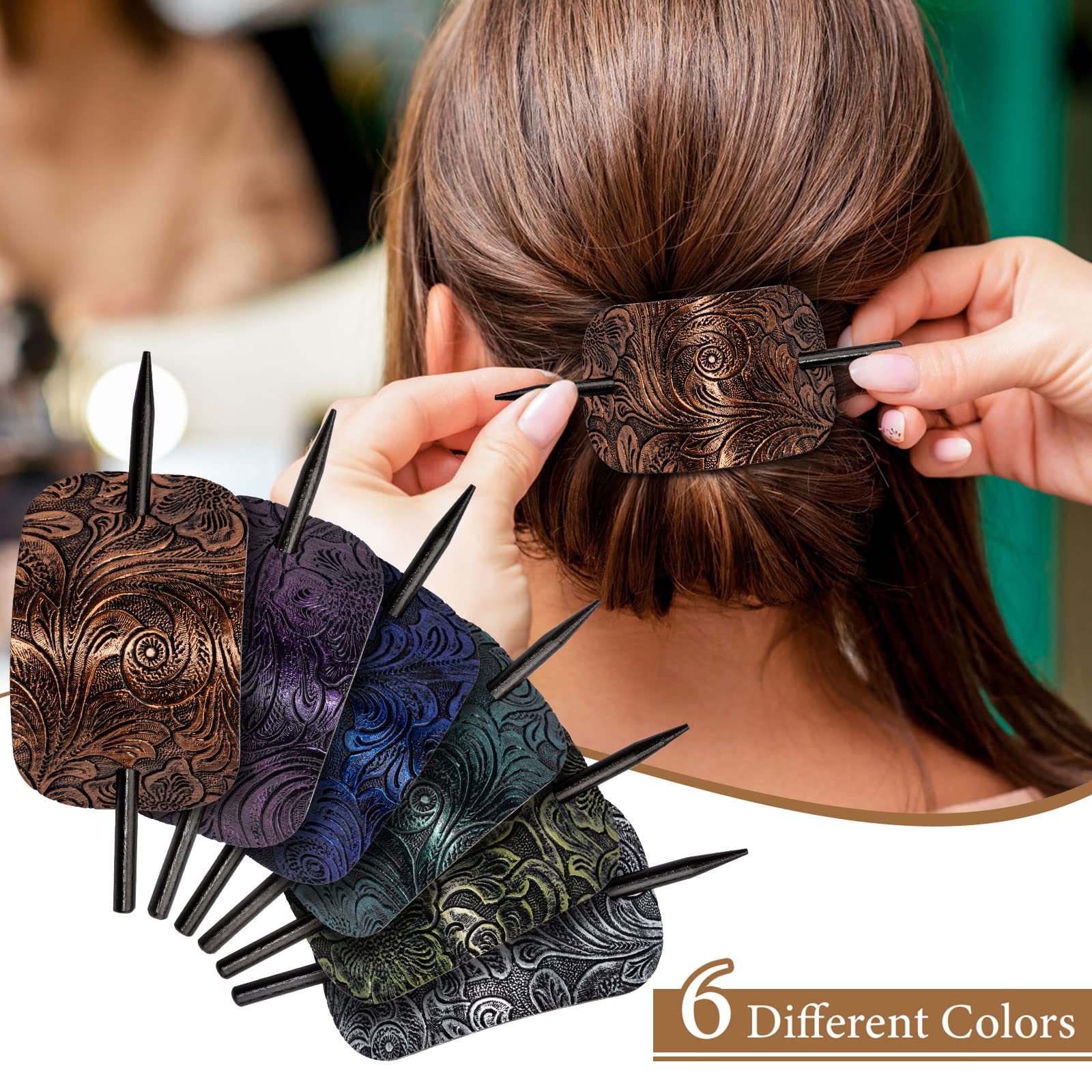 Noverlife 6PCS Leather Hair Barrettes with Wooden Stick - Square Hair Clips Set for Women & Girls, Ponytail Holders for School, Office & Wedding Hairstyles