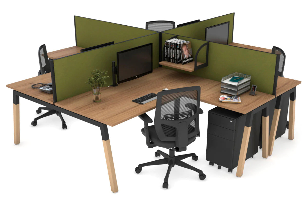 Quadro Wood A Legs Cross Beam 4-Person Corner Workstation Desk - 1600L x 1800W with Cable Management Scallop - Perfect for Office, Home Workspace & Collaborative Environments