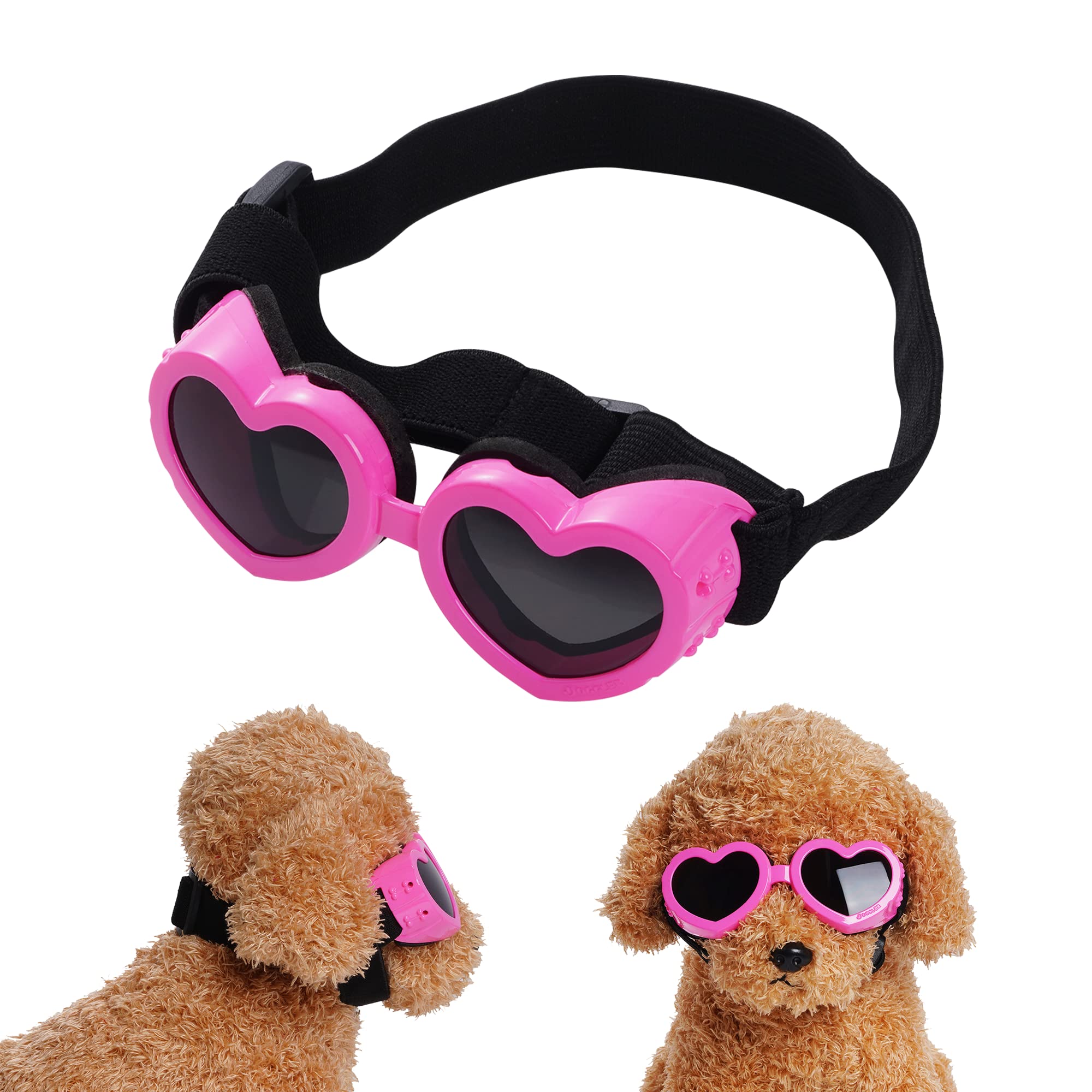 **Choyaxo UV Protection Dog Goggles for Small Breeds – Heart-Shaped Windproof Anti-Fog Dog Sunglasses with Adjustable Strap – Ideal for Motorcycle Rides, Outdoor Adventures & Sunny Days (Pink)**