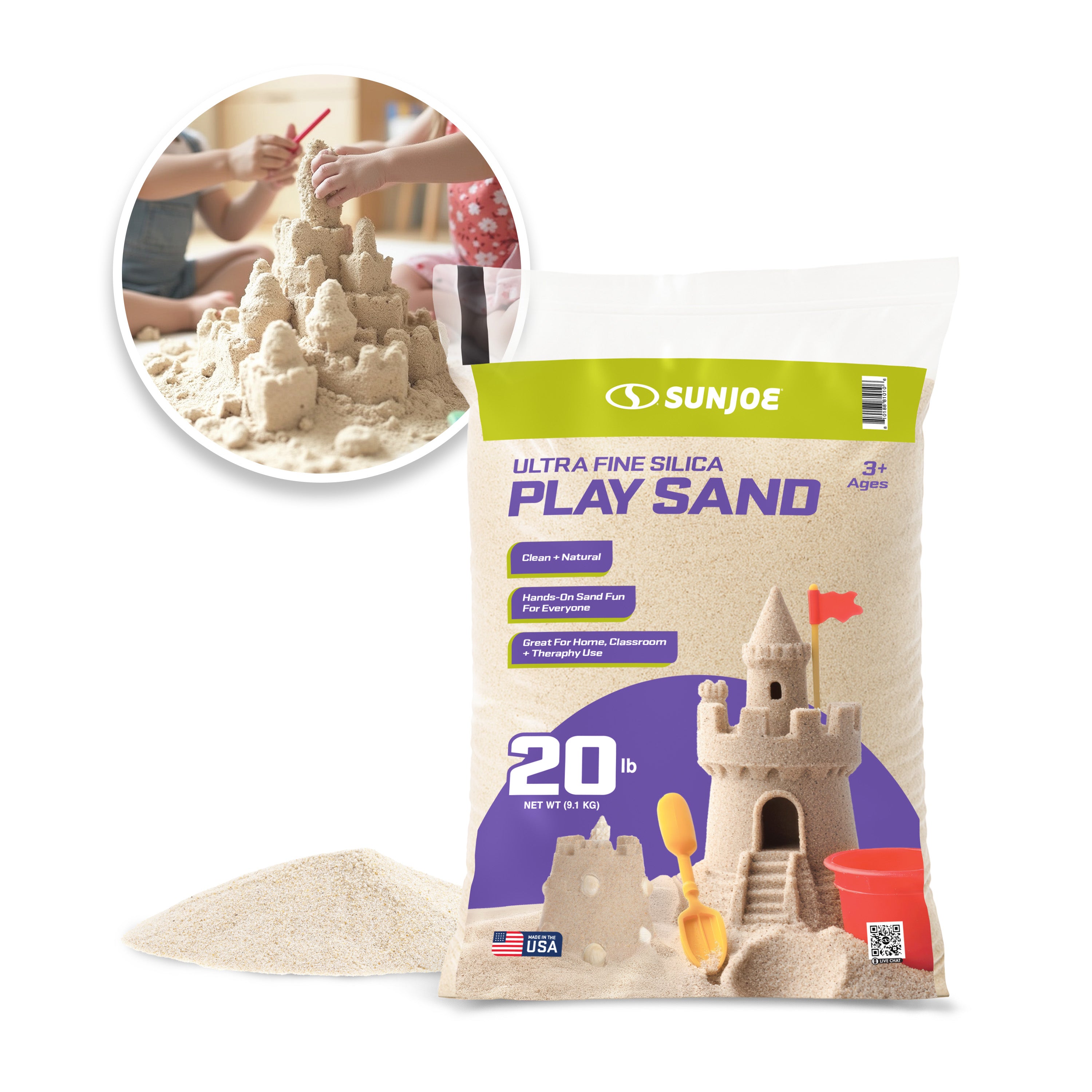 Sun Joe PLYSAND20 Ultra Fine Silica Play Sand - 20 Lb. Bag for Kids Sandbox, Sand Art, and Sensory Play | Safe, Non-Toxic, and Soft for Children's Activities